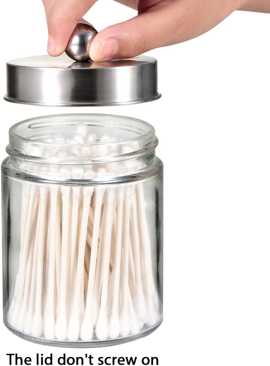Apothecary Jars Bathroom Vanity Organizer -Countertop Canister Jar with Storage Lid - Qtip Dispenser Holder Glass for Qtips,Cott Swabs,Makeup Spges,Hair Band - Brushed Nickel 1 Pack