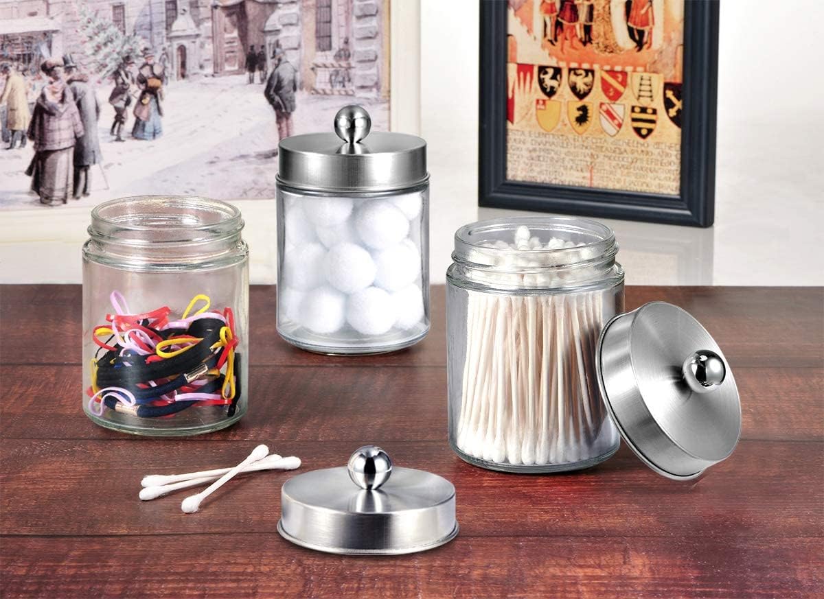 Apothecary Jars Bathroom Vanity Organizer -Countertop Canister Jar with Storage Lid - Qtip Dispenser Holder Glass for Qtips,Cott Swabs,Makeup Spges,Hair Band - Brushed Nickel 1 Pack