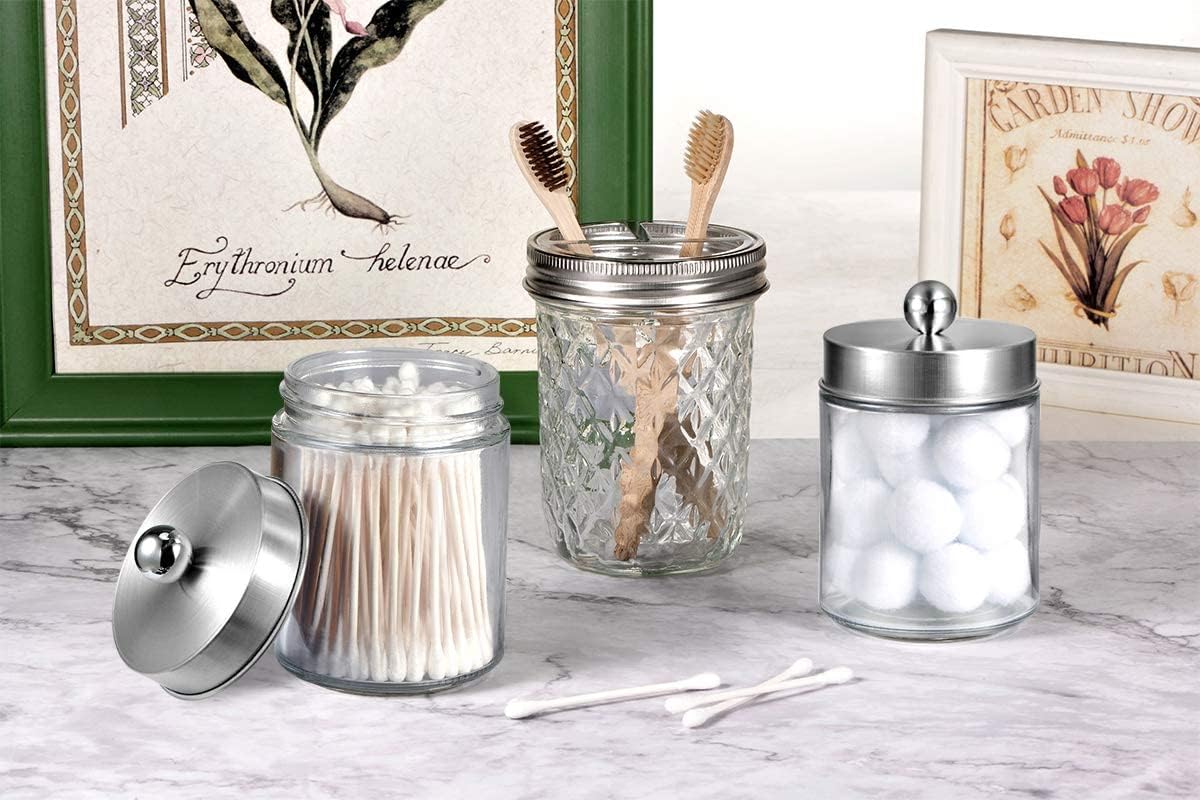 Apothecary Jars Bathroom Vanity Organizer -Countertop Canister Jar with Storage Lid - Qtip Dispenser Holder Glass for Qtips,Cott Swabs,Makeup Spges,Hair Band - Brushed Nickel 1 Pack
