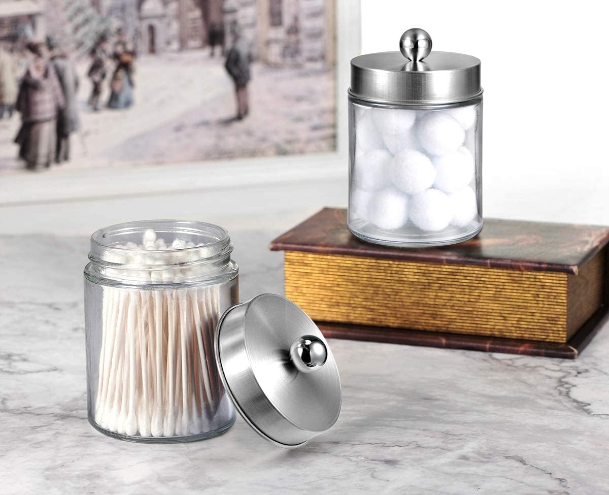 Apothecary Jars Bathroom Vanity Organizer -Countertop Canister Jar with Storage Lid - Qtip Dispenser Holder Glass for Qtips,Cott Swabs,Makeup Spges,Hair Band - Brushed Nickel 1 Pack