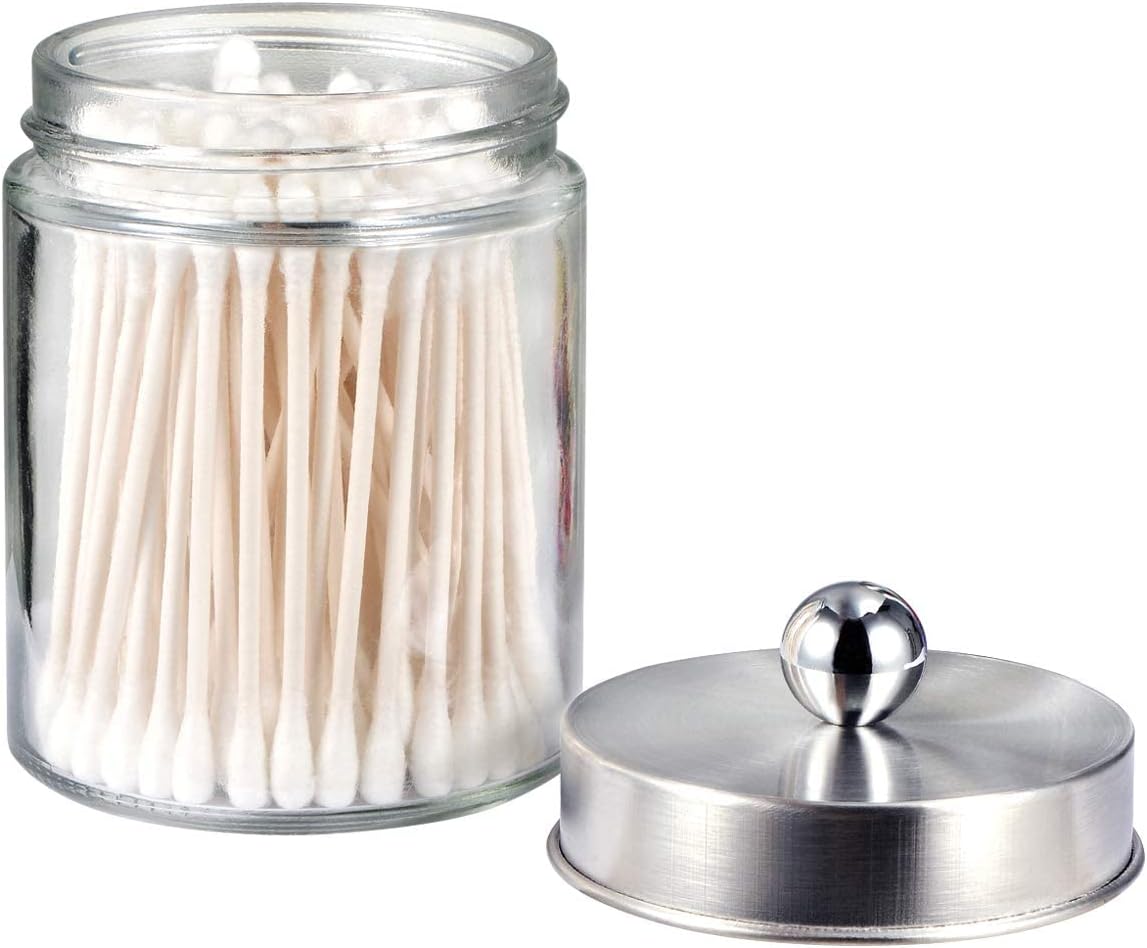 Apothecary Jars Bathroom Vanity Organizer -Countertop Canister Jar with Storage Lid - Qtip Dispenser Holder Glass for Qtips,Cott Swabs,Makeup Spges,Hair Band - Brushed Nickel 1 Pack