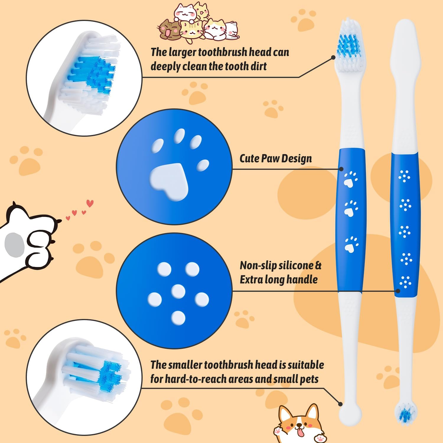 Petluno Pet Toothbrush for Dogs, Cats, Double Headed with Soft Bristles, Easy Teeth Cleaning, Non Slip Dog Toothbrushes in Bulk Pack of 6 6 Pcs