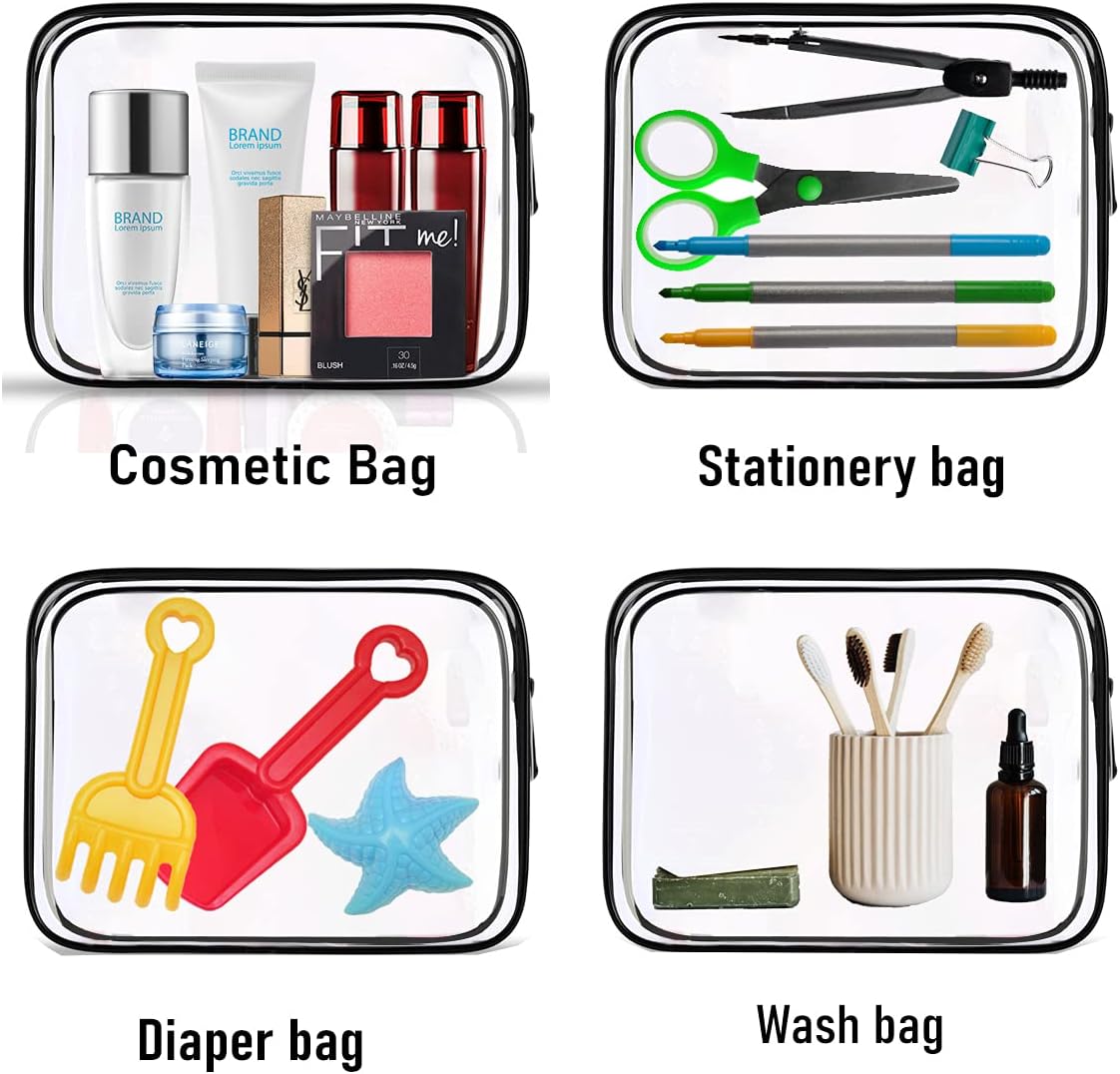 4 Pack Clear Cosmetic Bag for Travel - TSA Approved Toiletry Makeup Pouch Carry-on Airport Airline Compliant Portable PVC Waterproof With Zipper Women Quart Size Set