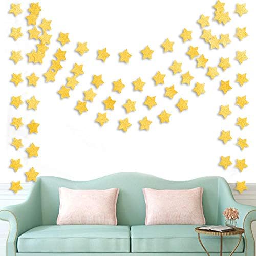 6 Pcs Gold Glitter Star Paper Garland Twinkle Bunting Banner Hanging Decorations for Christmas Birthday Party Golden Sparkling Stars Bridal Showers Wedding Baby Shower Holiday Supplies 50 Feet