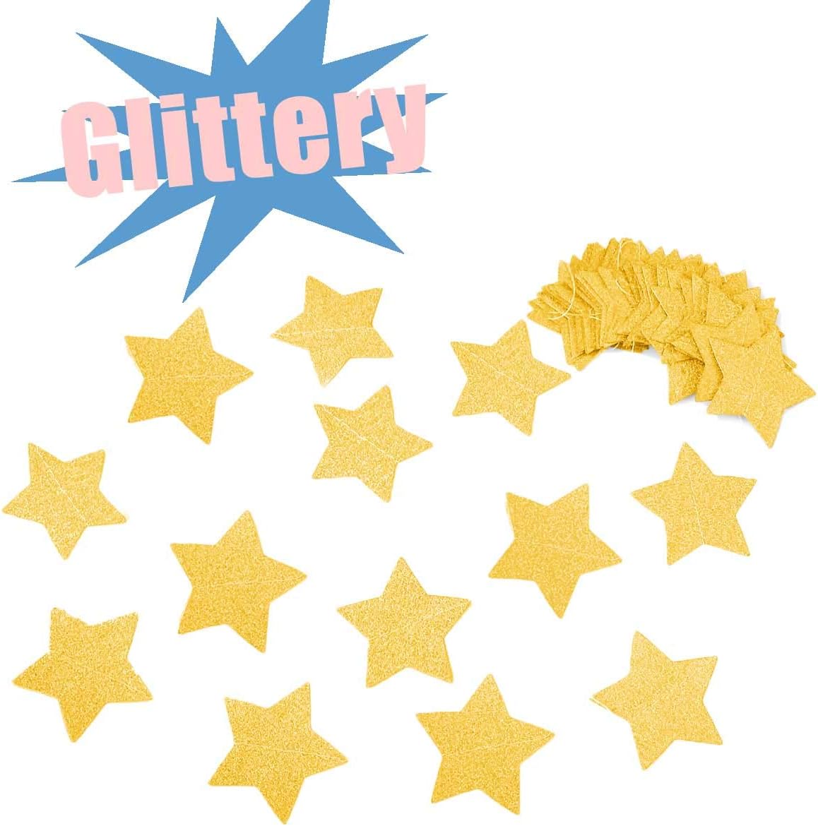 6 Pcs Gold Glitter Star Paper Garland Twinkle Bunting Banner Hanging Decorations for Christmas Birthday Party Golden Sparkling Stars Bridal Showers Wedding Baby Shower Holiday Supplies 50 Feet