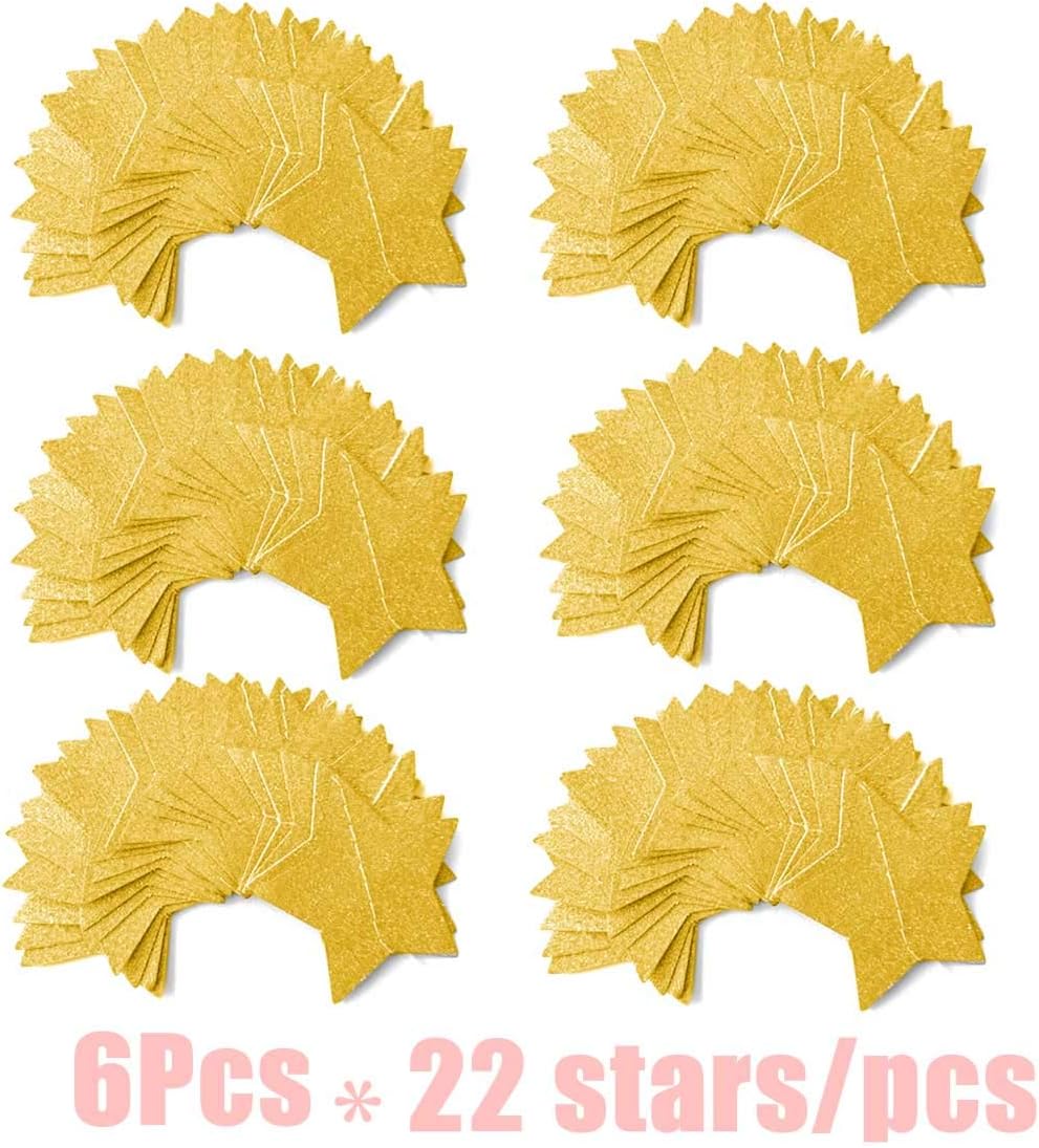 6 Pcs Gold Glitter Star Paper Garland Twinkle Bunting Banner Hanging Decorations for Christmas Birthday Party Golden Sparkling Stars Bridal Showers Wedding Baby Shower Holiday Supplies 50 Feet