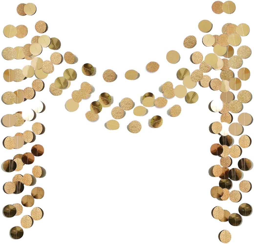 6 Pcs Glitter Champagne Gold Paper Circle Dots Garland 52 Feet Party Hanging Bunting Birthday Decorations Engagement Bridal Shower Wedding Baby Christmas Supplies Photo Backdrop
