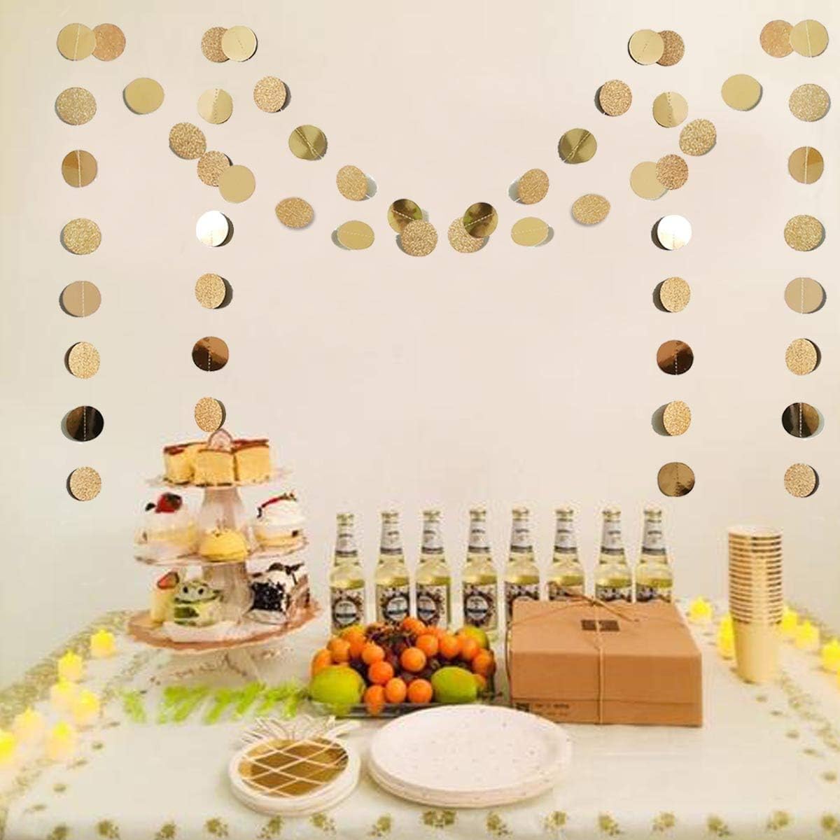 6 Pcs Glitter Champagne Gold Paper Circle Dots Garland 52 Feet Party Hanging Bunting Birthday Decorations Engagement Bridal Shower Wedding Baby Christmas Supplies Photo Backdrop