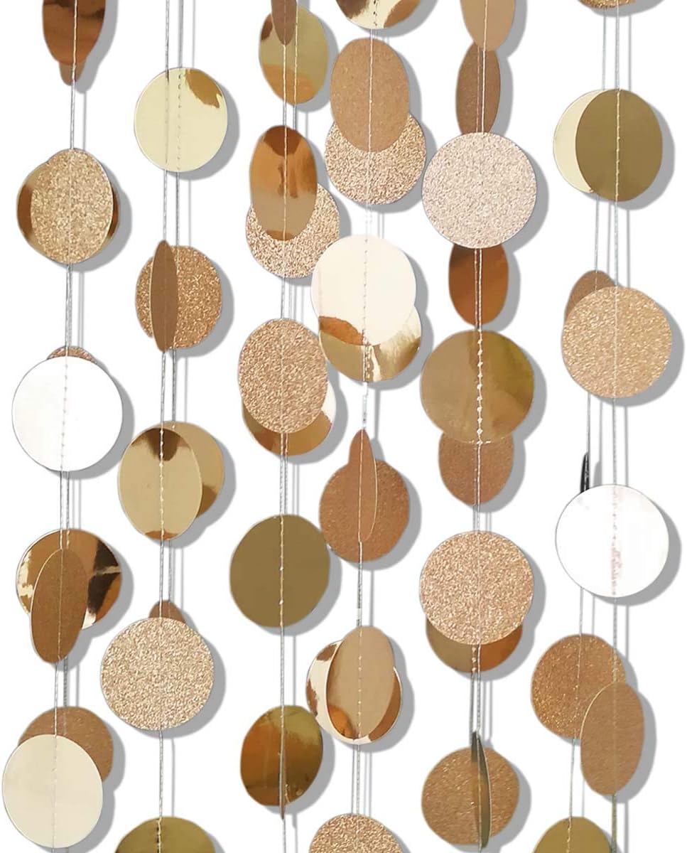 6 Pcs Glitter Champagne Gold Paper Circle Dots Garland 52 Feet Party Hanging Bunting Birthday Decorations Engagement Bridal Shower Wedding Baby Christmas Supplies Photo Backdrop