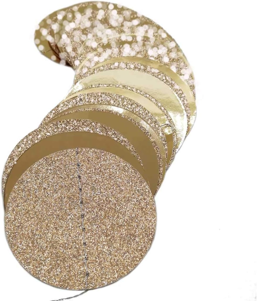 6 Pcs Glitter Champagne Gold Paper Circle Dots Garland 52 Feet Party Hanging Bunting Birthday Decorations Engagement Bridal Shower Wedding Baby Christmas Supplies Photo Backdrop