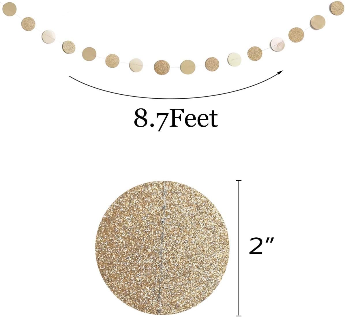6 Pcs Glitter Champagne Gold Paper Circle Dots Garland 52 Feet Party Hanging Bunting Birthday Decorations Engagement Bridal Shower Wedding Baby Christmas Supplies Photo Backdrop