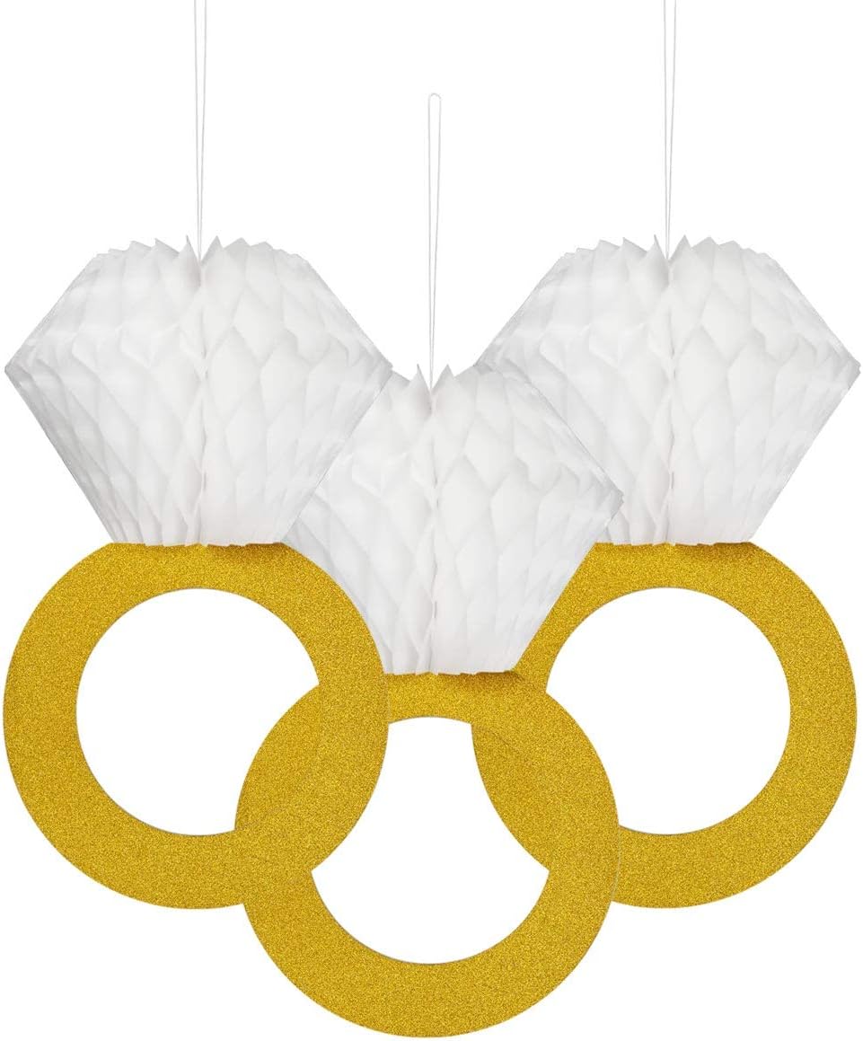 Petluno Glitter Gold Honeycomb Diamond Ring Hanging Decorations 3 Pieces Bachelorette Party Engagement Bridal Shower Wedding Anniversary Supplies