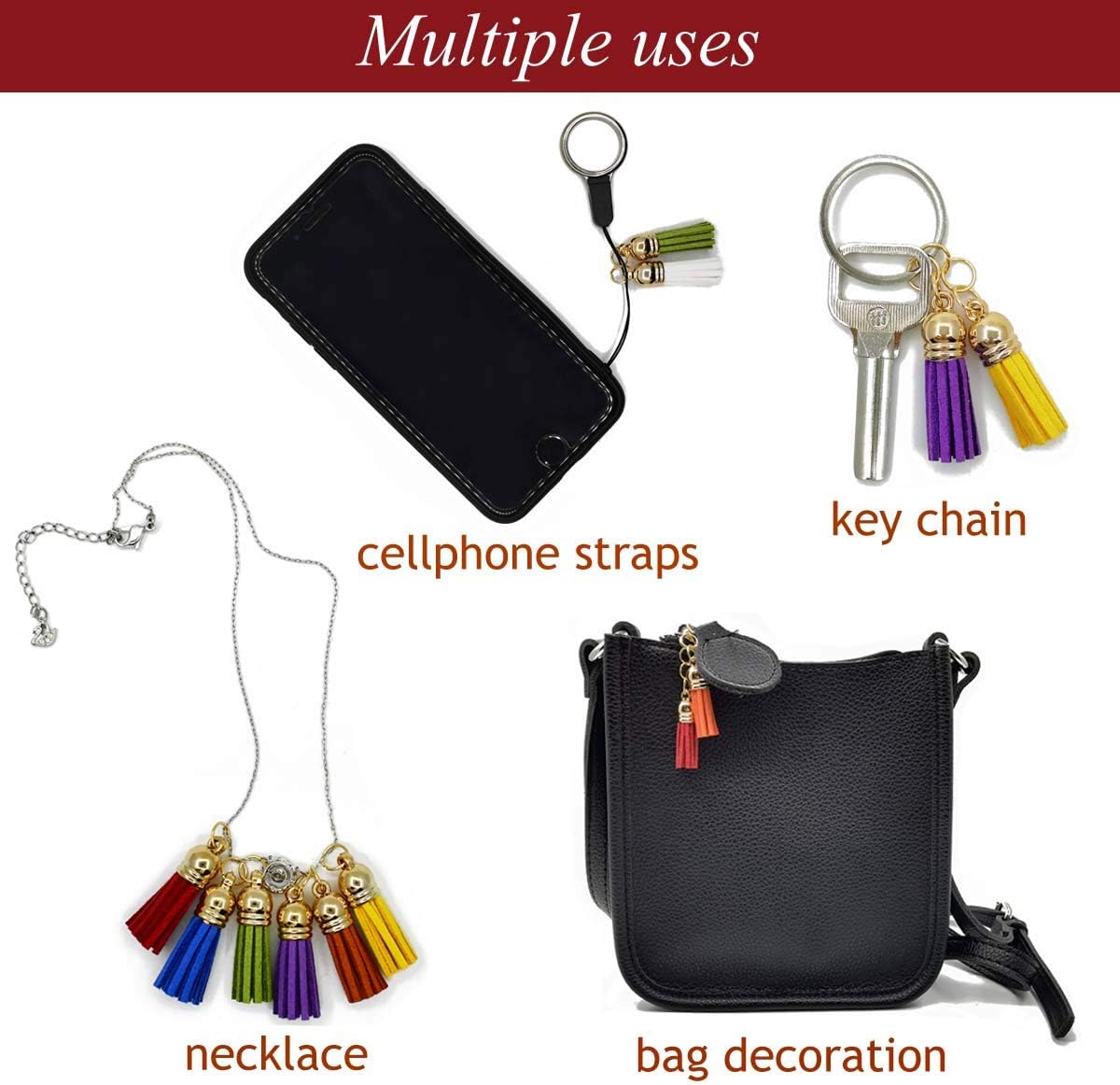 Tassels for Keychains Faux Suede Tassel DIY Jewelry Making 60 Pcs Leather Keychain Charms Bulk & Jump Rings Key Chain Cellphone Straps Pendants Crafts