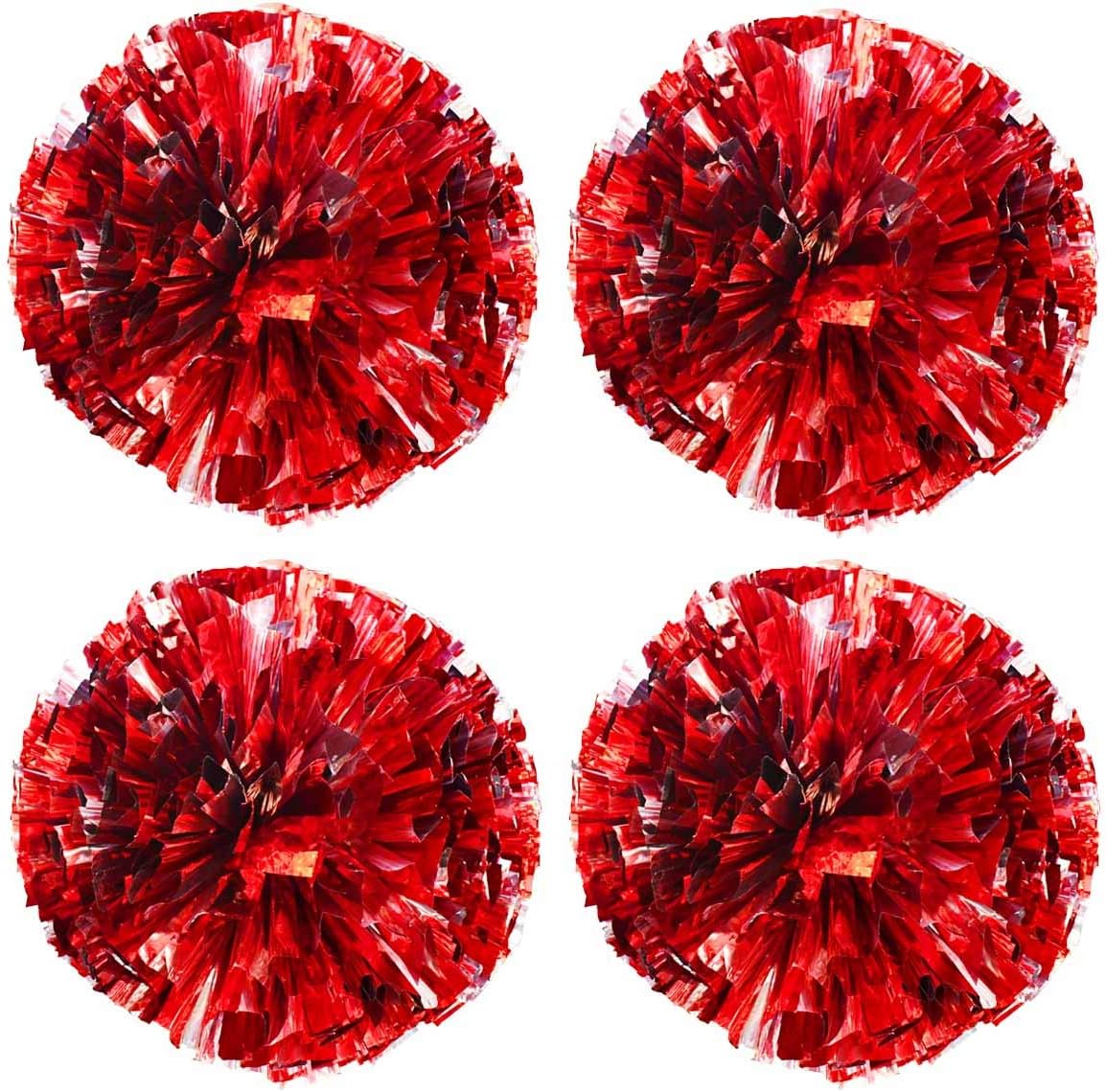 Petluno 4 Pack 2 Pair Metallic Foil Cheerleader Pom Poms & Plastic Ring Cheer with Baton Handle Cheerleading Pompoms for Sports Party Dance Team Accessories Cheering Squad Spirit Red Silver