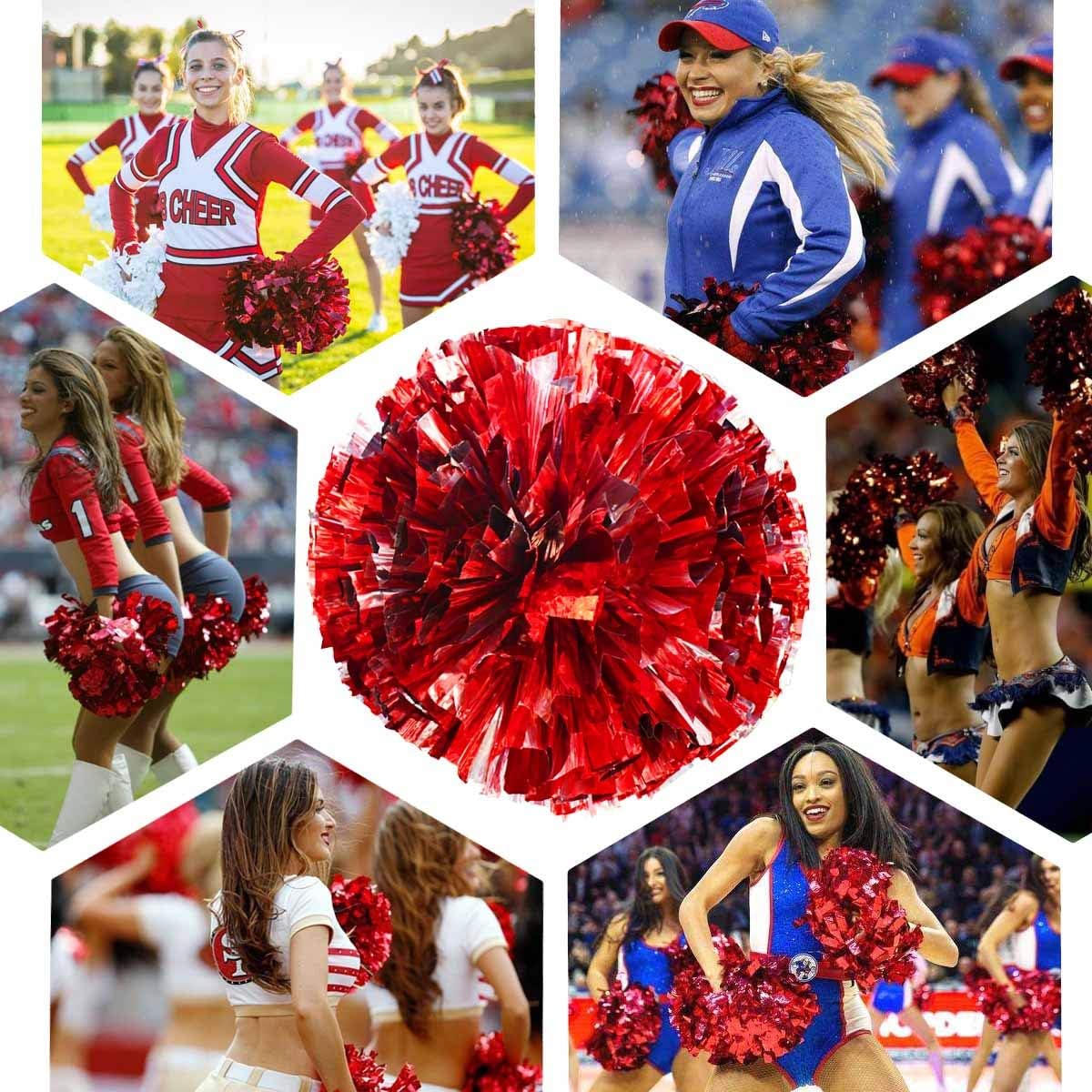 Petluno 4 Pack 2 Pair Metallic Foil Cheerleader Pom Poms & Plastic Ring Cheer with Baton Handle Cheerleading Pompoms for Sports Party Dance Team Accessories Cheering Squad Spirit Red Silver