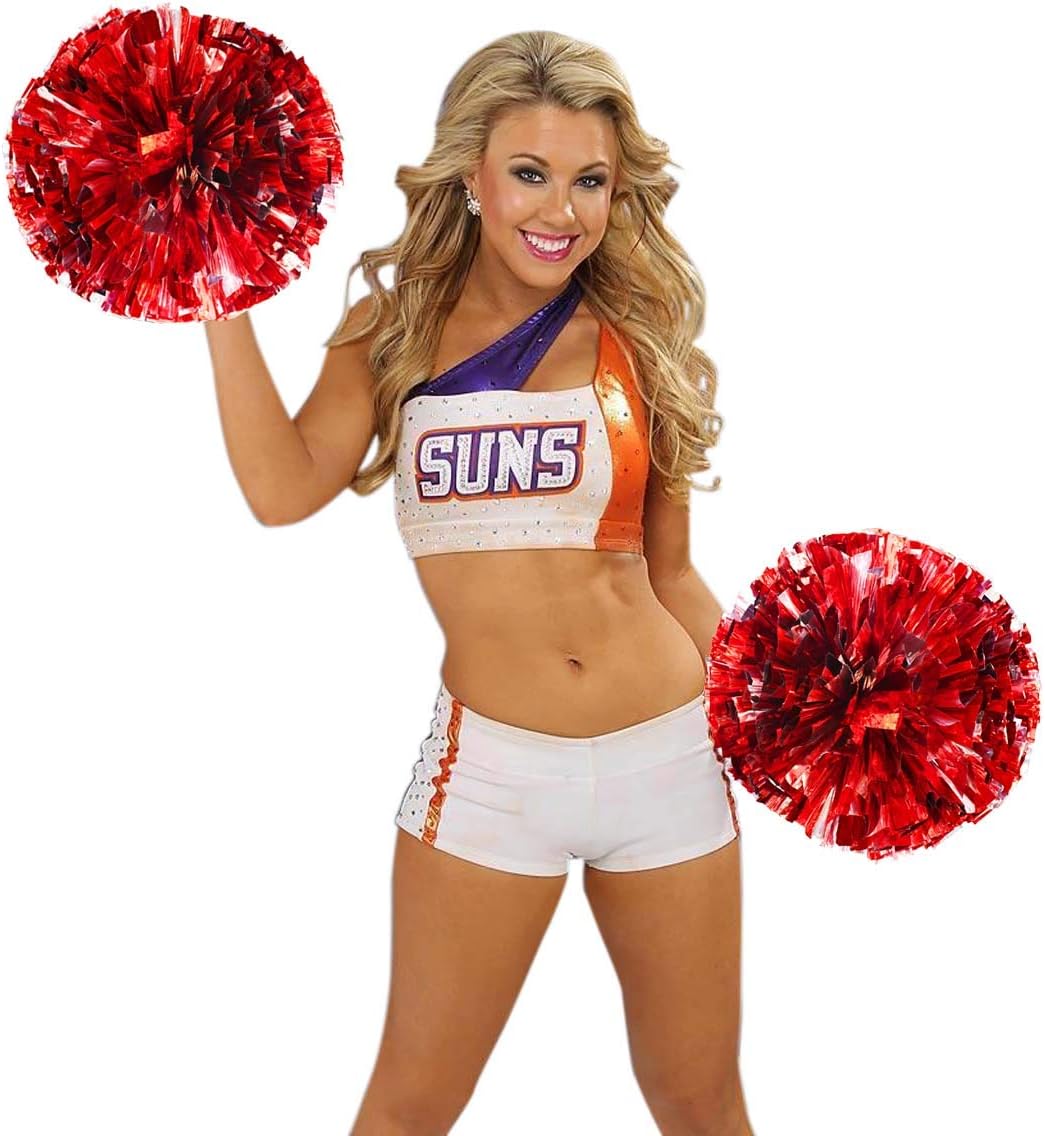 Petluno 4 Pack 2 Pair Metallic Foil Cheerleader Pom Poms & Plastic Ring Cheer with Baton Handle Cheerleading Pompoms for Sports Party Dance Team Accessories Cheering Squad Spirit Red Silver