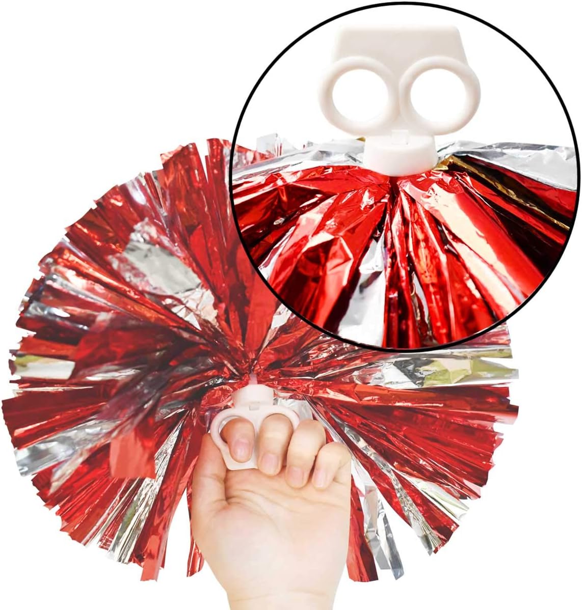 Petluno 4 Pack 2 Pair Metallic Foil Cheerleader Pom Poms & Plastic Ring Cheer with Baton Handle Cheerleading Pompoms for Sports Party Dance Team Accessories Cheering Squad Spirit Red Silver