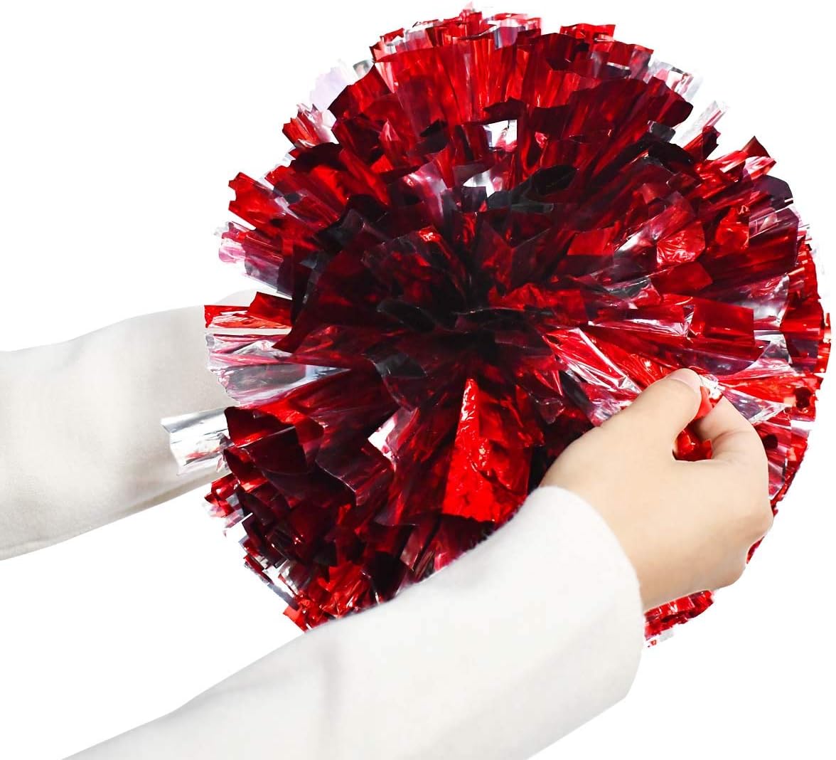 Petluno 4 Pack 2 Pair Metallic Foil Cheerleader Pom Poms & Plastic Ring Cheer with Baton Handle Cheerleading Pompoms for Sports Party Dance Team Accessories Cheering Squad Spirit Red Silver