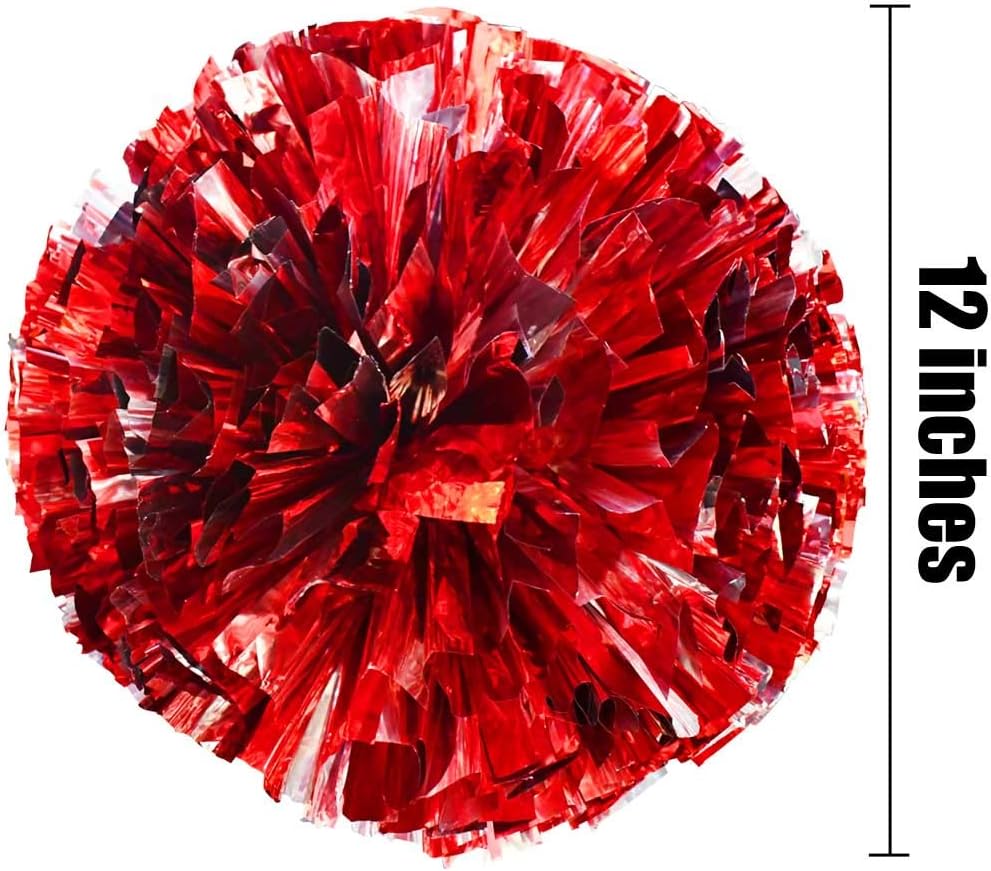 Petluno 4 Pack 2 Pair Metallic Foil Cheerleader Pom Poms & Plastic Ring Cheer with Baton Handle Cheerleading Pompoms for Sports Party Dance Team Accessories Cheering Squad Spirit Red Silver