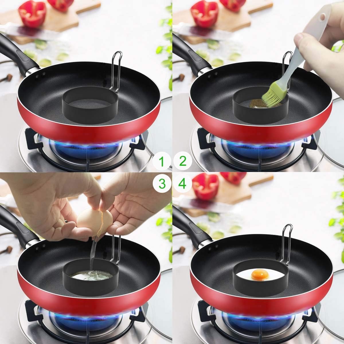 4 Pack Stainless Steel Eggs Maker Non Stick Round Egg Cooker for Cooking Rings Shaper Frying Pancake Sandwiches Metal Handle Household Kitchen Breakfast Tool