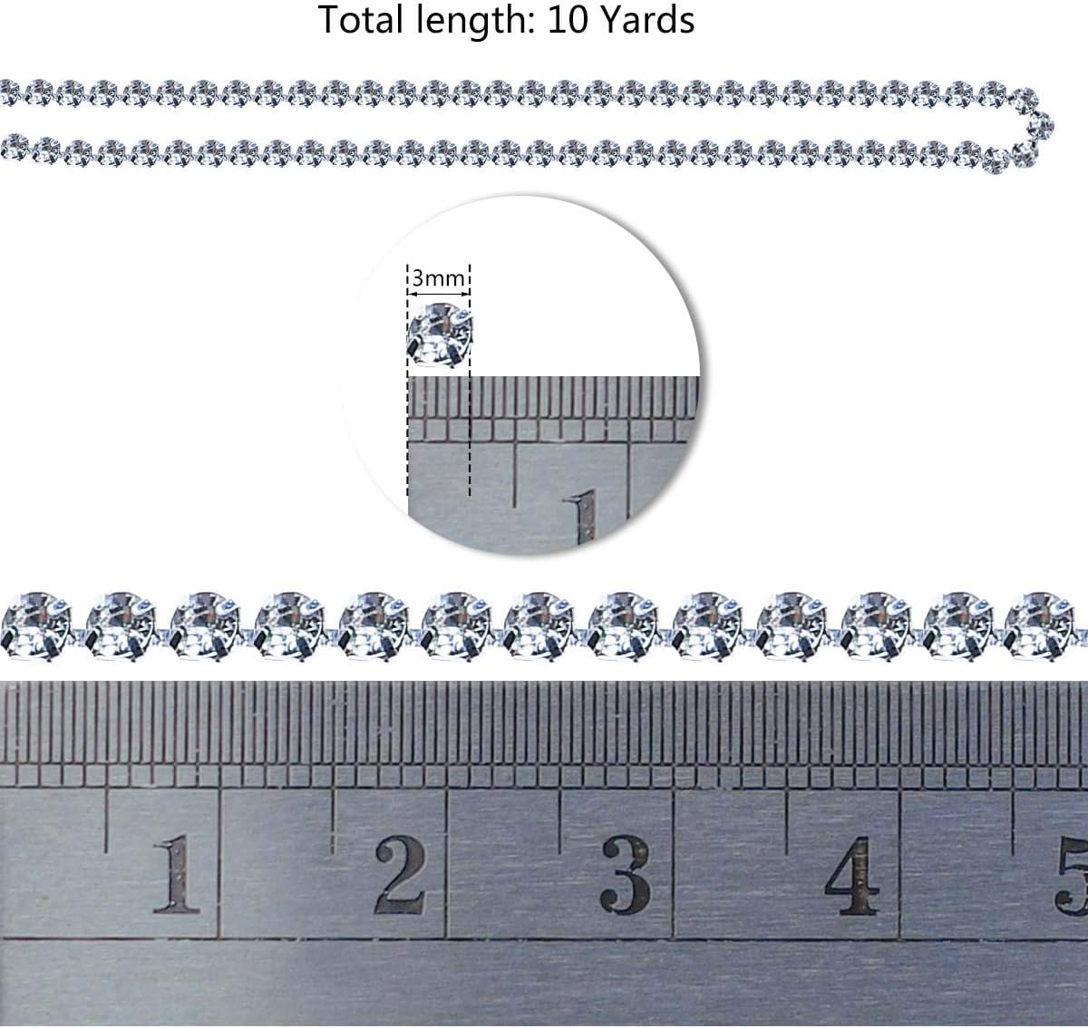 1 Roll 10 Yards 3MM Crystal Rhinestone Close Chain Trim for Sewing Craft DIY Decoration Jewelry Silver Claw Cup Diamond Trimming Clear SS12 silver