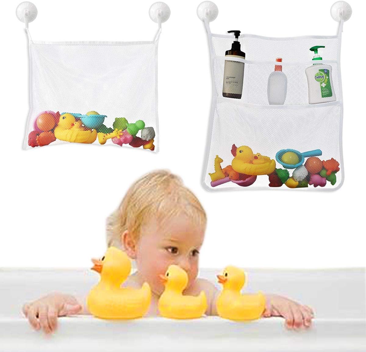 Petluno Bath Toy Organizer Mesh Storage Baby Shower Toys Bathtub Net Bag Kids Quick Dry Holder 2 X Bathroom & 6 Strong Suction Hooks White