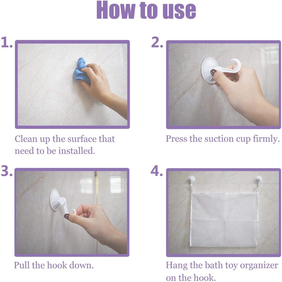 Petluno Bath Toy Organizer Mesh Storage Baby Shower Toys Bathtub Net Bag Kids Quick Dry Holder 2 X Bathroom & 6 Strong Suction Hooks White