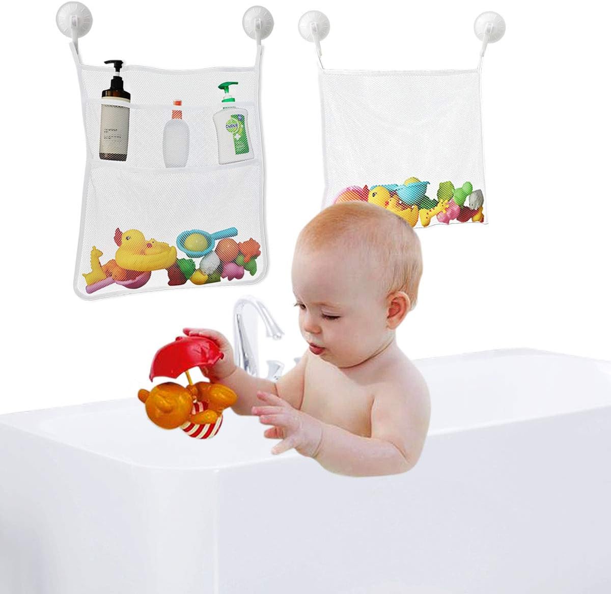 Petluno Bath Toy Organizer Mesh Storage Baby Shower Toys Bathtub Net Bag Kids Quick Dry Holder 2 X Bathroom & 6 Strong Suction Hooks White
