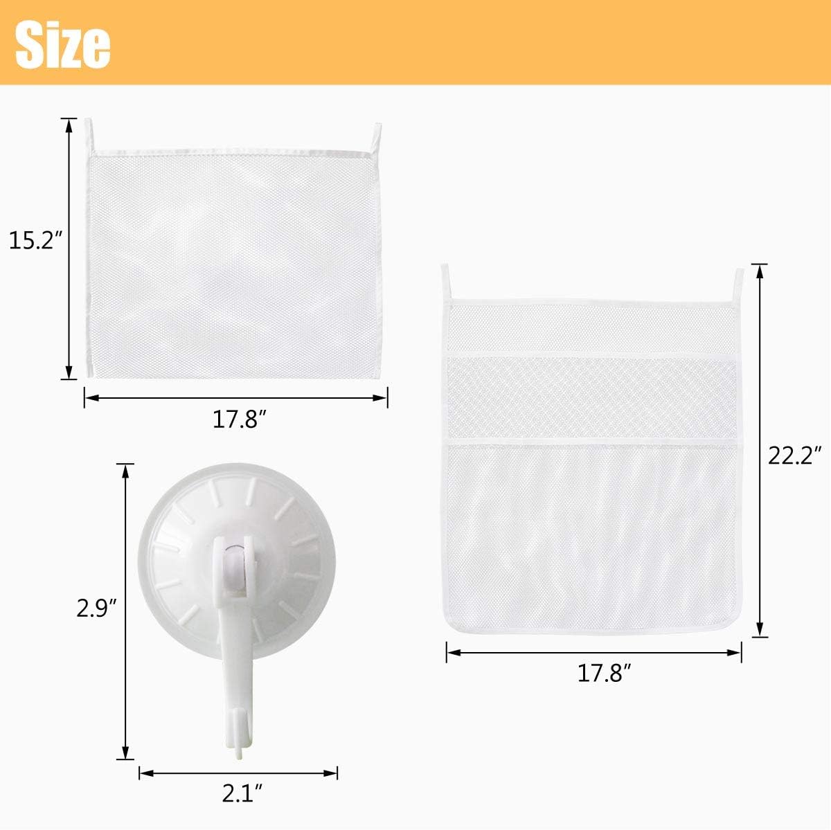 Petluno Bath Toy Organizer Mesh Storage Baby Shower Toys Bathtub Net Bag Kids Quick Dry Holder 2 X Bathroom & 6 Strong Suction Hooks White