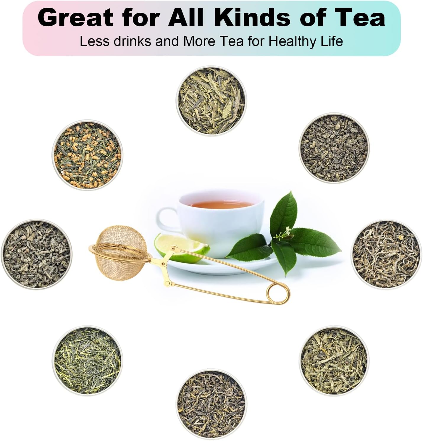 Snap Tea Ball Infuser with Handle; Premium Stainless Steel Fine Mesh Screen Strainer Filters Colander Cullender Sieve Infusion Steeper Maker for Loose Leaf Herbs, 2 Pieces, Golden Handle