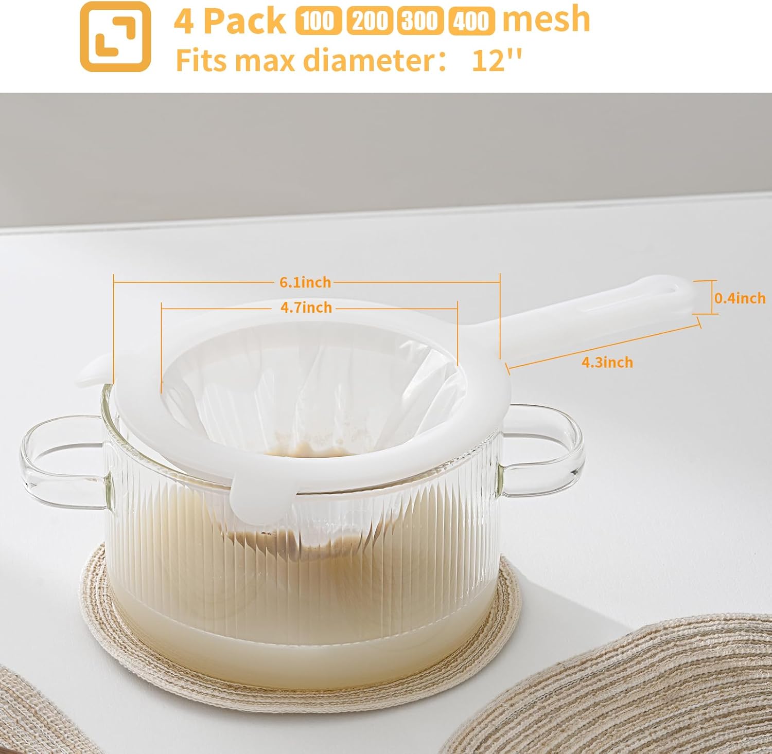 Premium Multi-Mesh Strainer Set, 4 Pack - 100/200/300/400 Mesh, Nylon & Plastic Fine Mesh Sieve for Tea, Coffe, Nut Milk, Juice, Broth, Smoothies, Reusable Easy to Clean, Durable,Dishwarer Safe