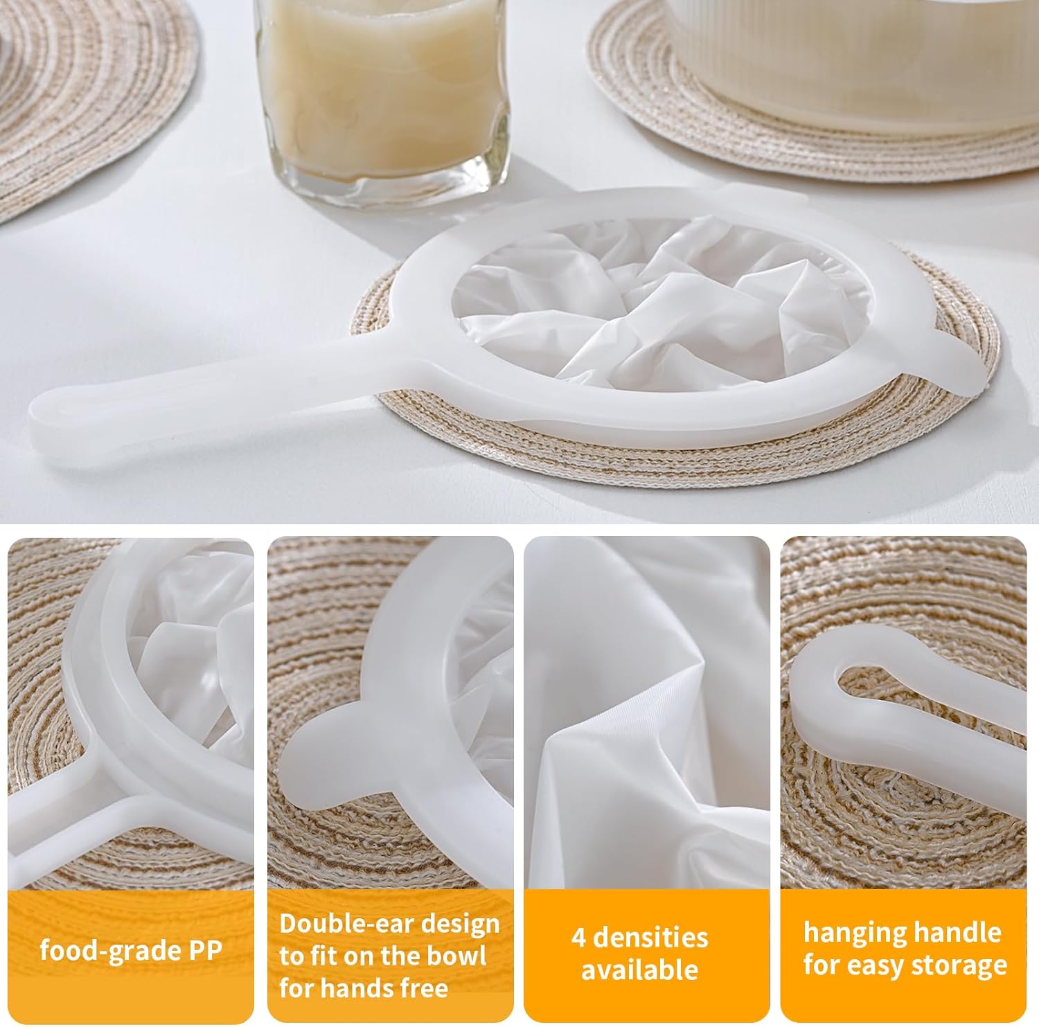 Premium Multi-Mesh Strainer Set, 4 Pack - 100/200/300/400 Mesh, Nylon & Plastic Fine Mesh Sieve for Tea, Coffe, Nut Milk, Juice, Broth, Smoothies, Reusable Easy to Clean, Durable,Dishwarer Safe