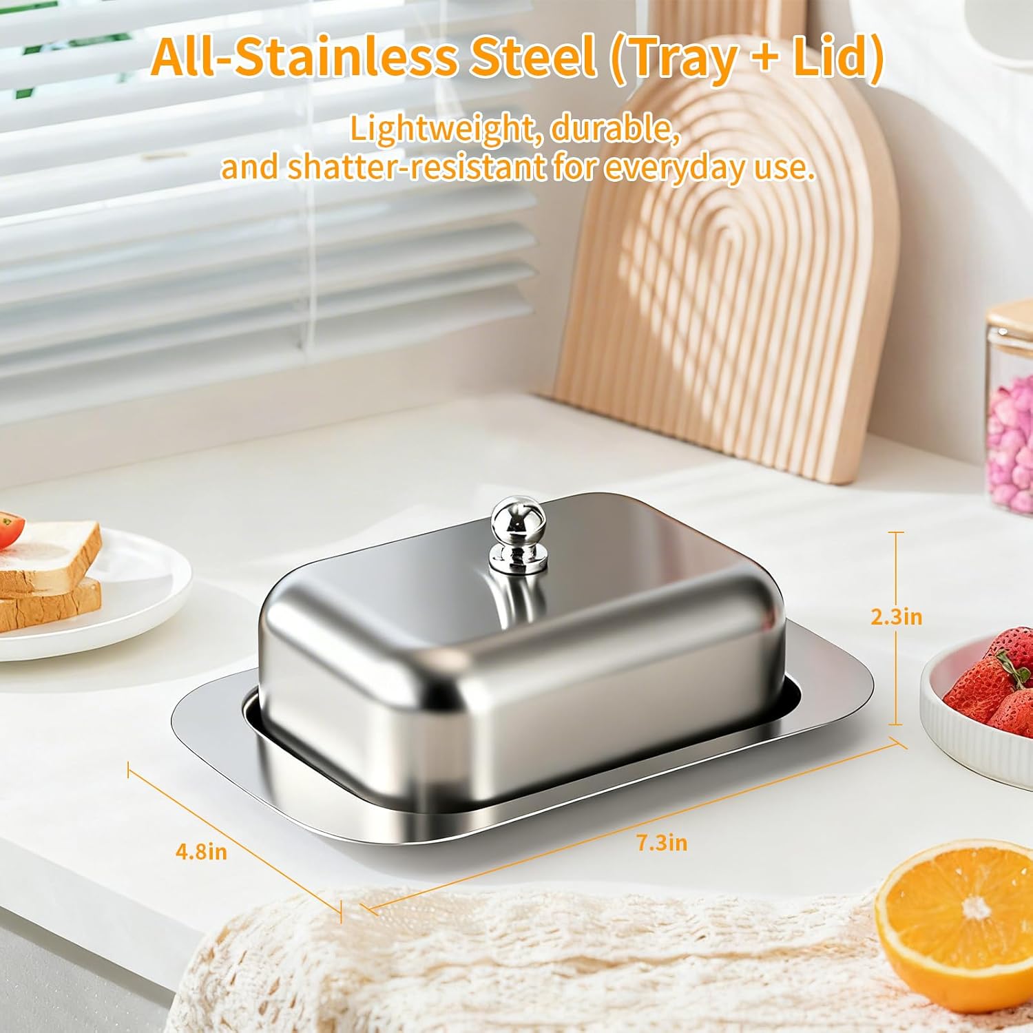 Stainless Steel Butter Dish with Lid and Handle, 7.5" x 5", Keeps Fresh, Fits Standard Sticks
