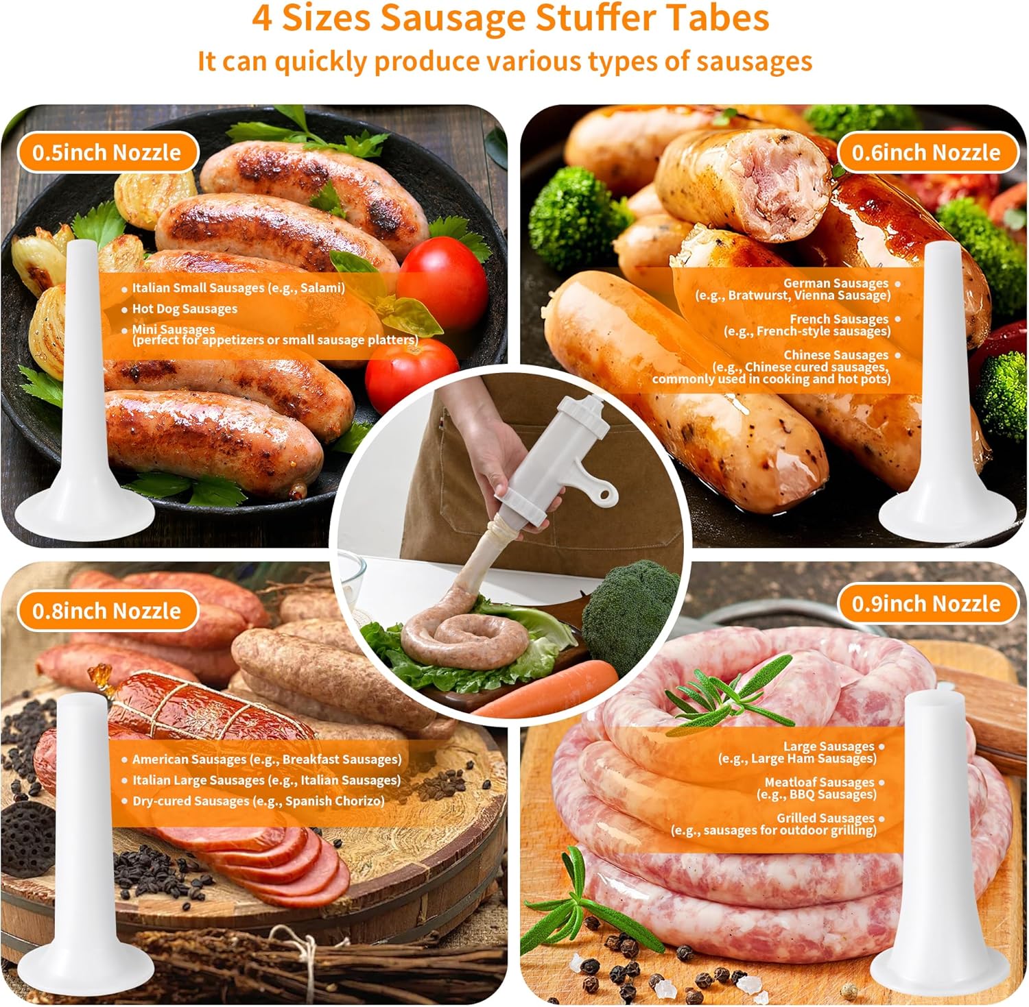 Manual Sausage Stuffer with 4 Stuffing Tubes, BPA-Free Plastic Meat Filler, 12/15/20/24mm Tubes for Natural, Collagen Casings, DIY Hot Dogs, Bratwursts