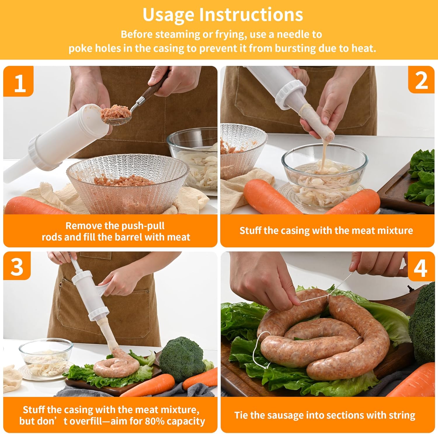 Manual Sausage Stuffer with 4 Stuffing Tubes, BPA-Free Plastic Meat Filler, 12/15/20/24mm Tubes for Natural, Collagen Casings, DIY Hot Dogs, Bratwursts