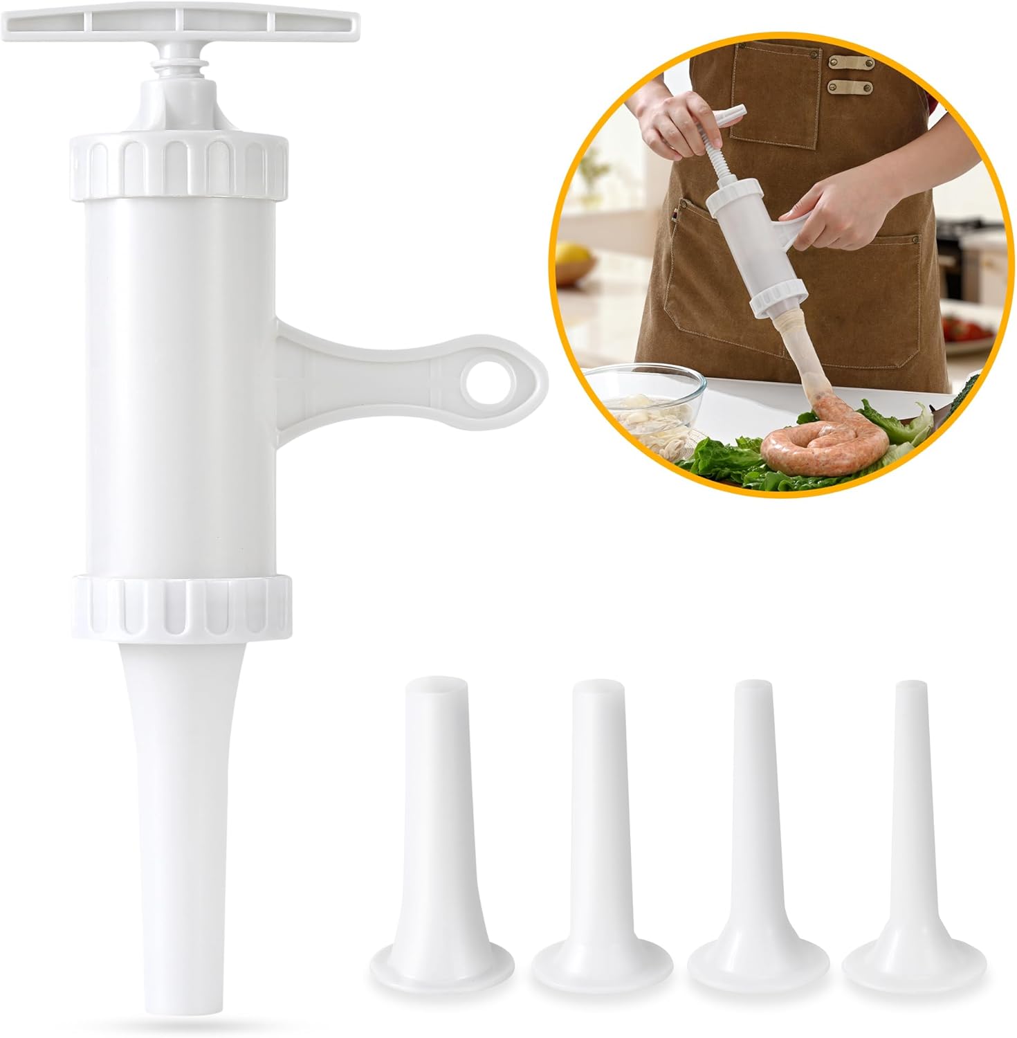Manual Sausage Stuffer with 4 Stuffing Tubes, BPA-Free Plastic Meat Filler, 12/15/20/24mm Tubes for Natural, Collagen Casings, DIY Hot Dogs, Bratwursts