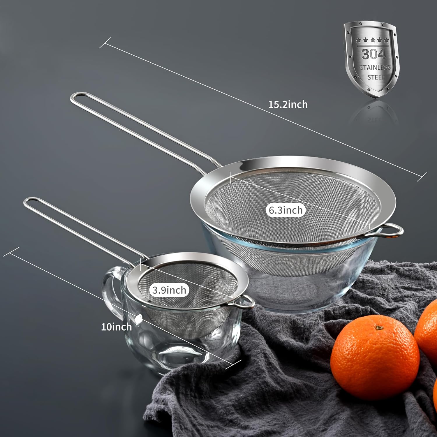 Premium 304 Stainless Steel Fine Mesh Strainer – Multi-Use Colander, Sieve, and Filter for Rice, Juice, Quinoa, Flour, Baking, Cooking, Meal Prep Durable, Easy-to-Clean Kitchen Tool 7.1 in + 3.9