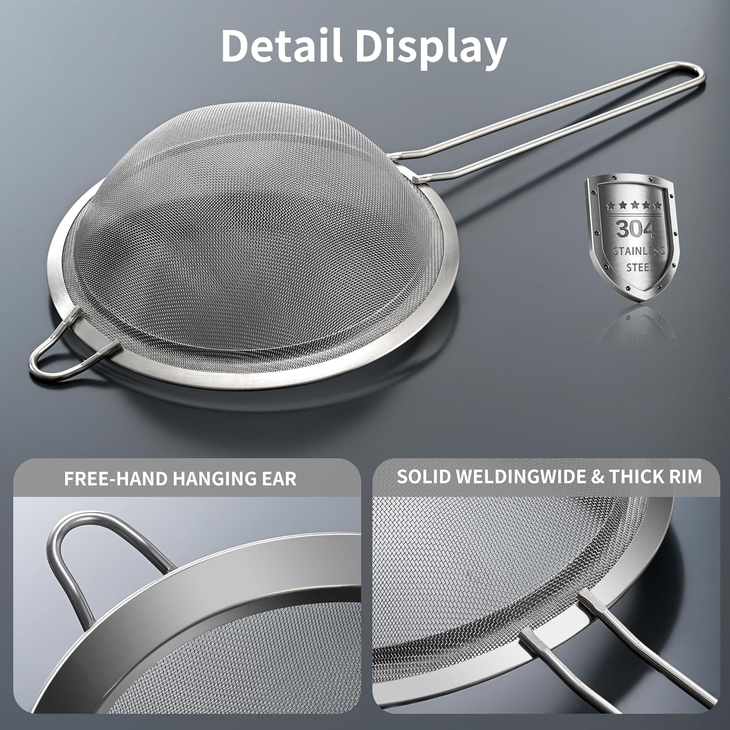 Premium 304 Stainless Steel Fine Mesh Strainer – Multi-Use Colander, Sieve, and Filter for Rice, Juice, Quinoa, Flour, Baking, Cooking, Meal Prep Durable, Easy-to-Clean Kitchen Tool 7.1 in + 3.9