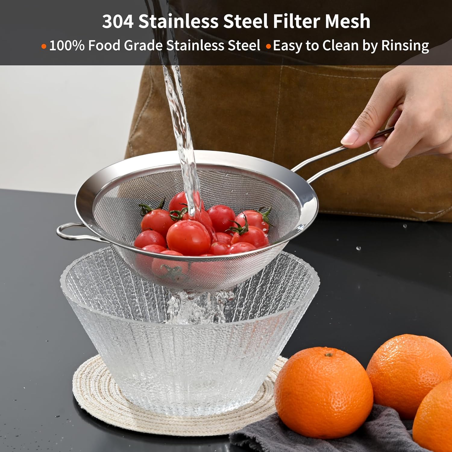 Premium 304 Stainless Steel Fine Mesh Strainer – Multi-Use Colander, Sieve, and Filter for Rice, Juice, Quinoa, Flour, Baking, Cooking, Meal Prep Durable, Easy-to-Clean Kitchen Tool 7.1 in + 3.9