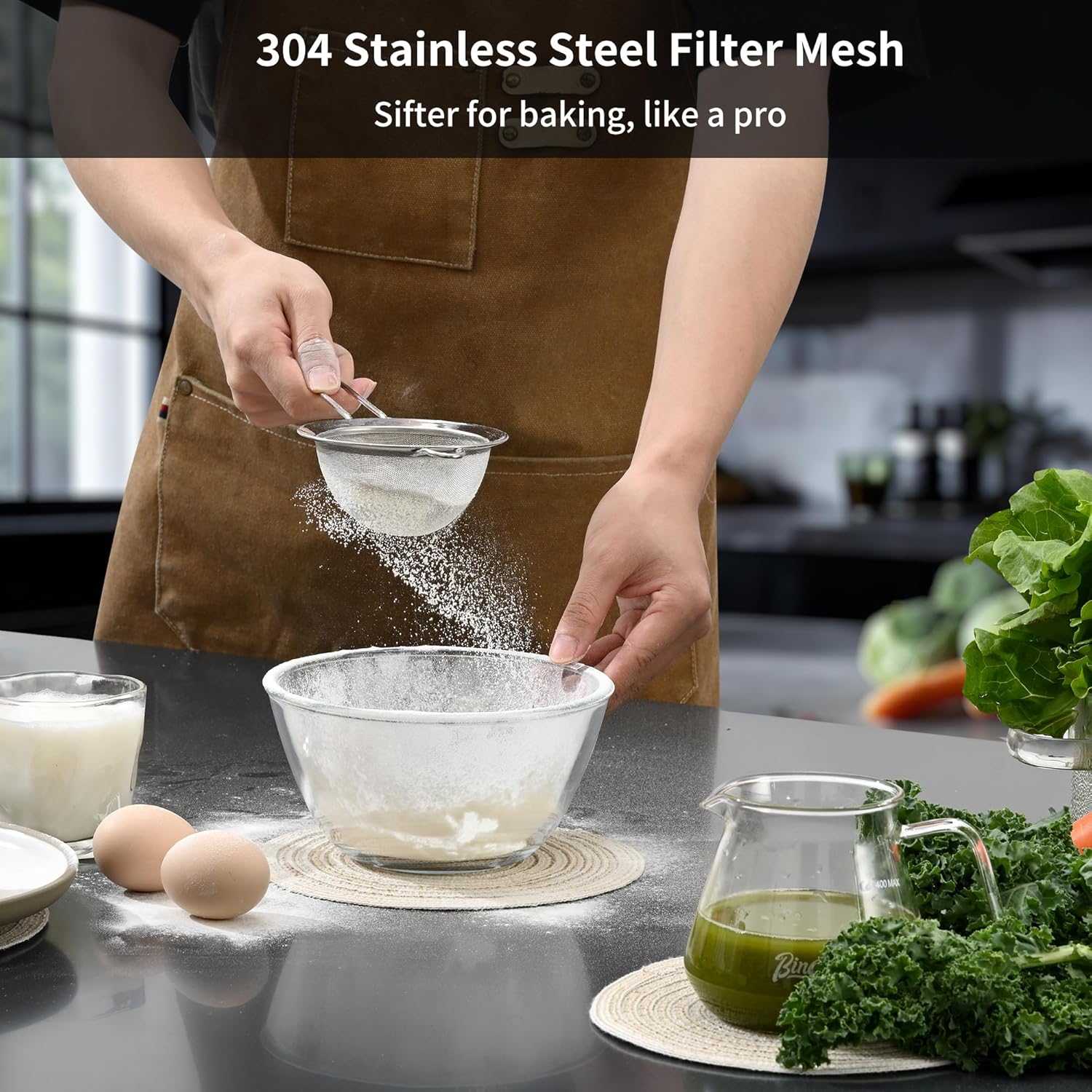 Premium 304 Stainless Steel Fine Mesh Strainer – Multi-Use Colander, Sieve, and Filter for Rice, Juice, Quinoa, Flour, Baking, Cooking, Meal Prep Durable, Easy-to-Clean Kitchen Tool 7.1 in + 3.9