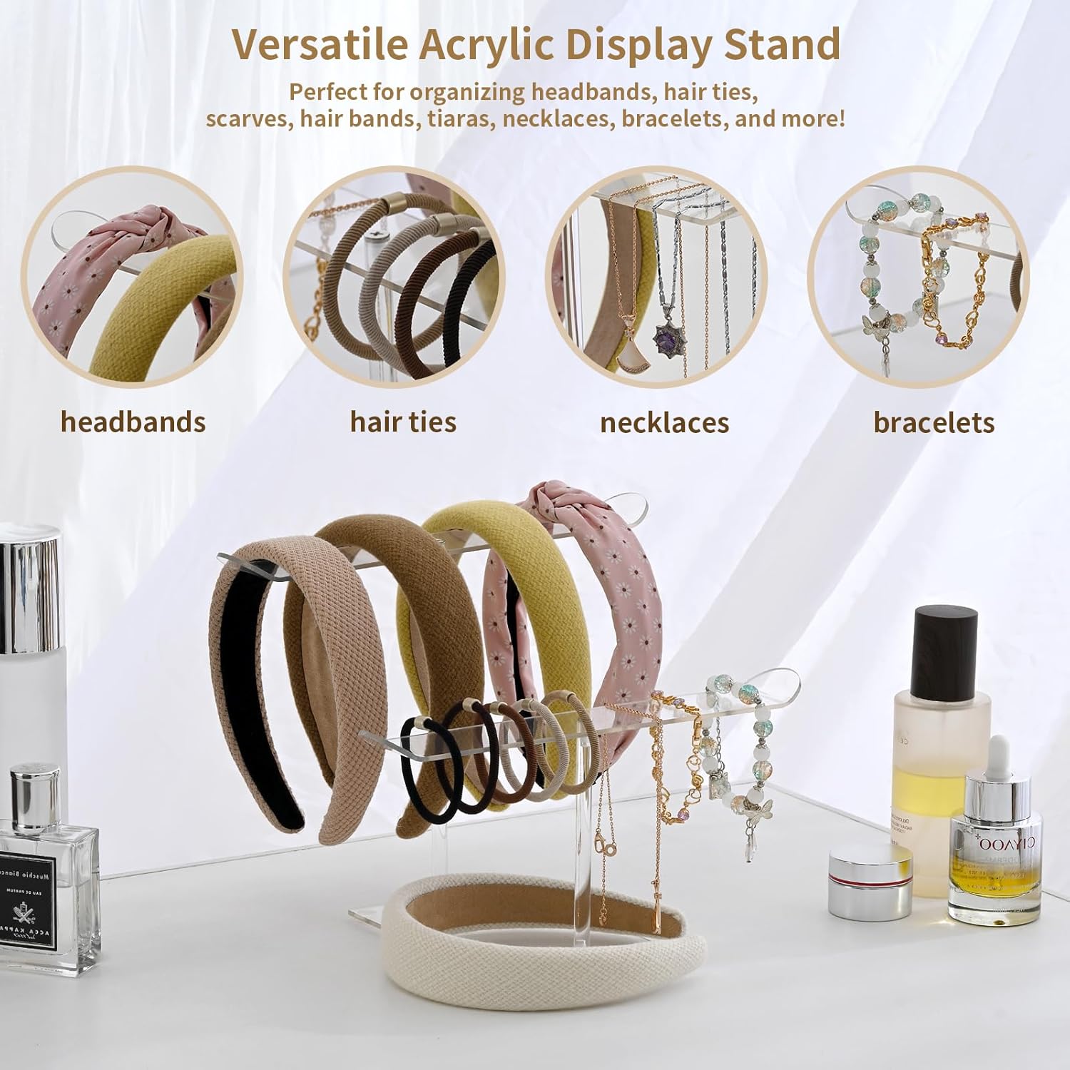 Petluno Double-Tier Clear Acrylic Headband Holder Stand - Elegant Display for 20+ Hair Bands, Accessories Organizer Bedroom, Vanity & Salon Space-Saving, Durable Stylish