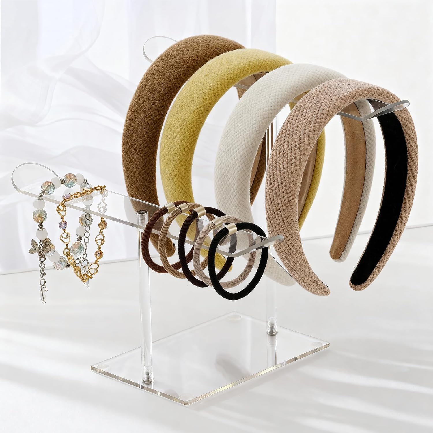 Petluno Double-Tier Clear Acrylic Headband Holder Stand - Elegant Display for 20+ Hair Bands, Accessories Organizer Bedroom, Vanity & Salon Space-Saving, Durable Stylish