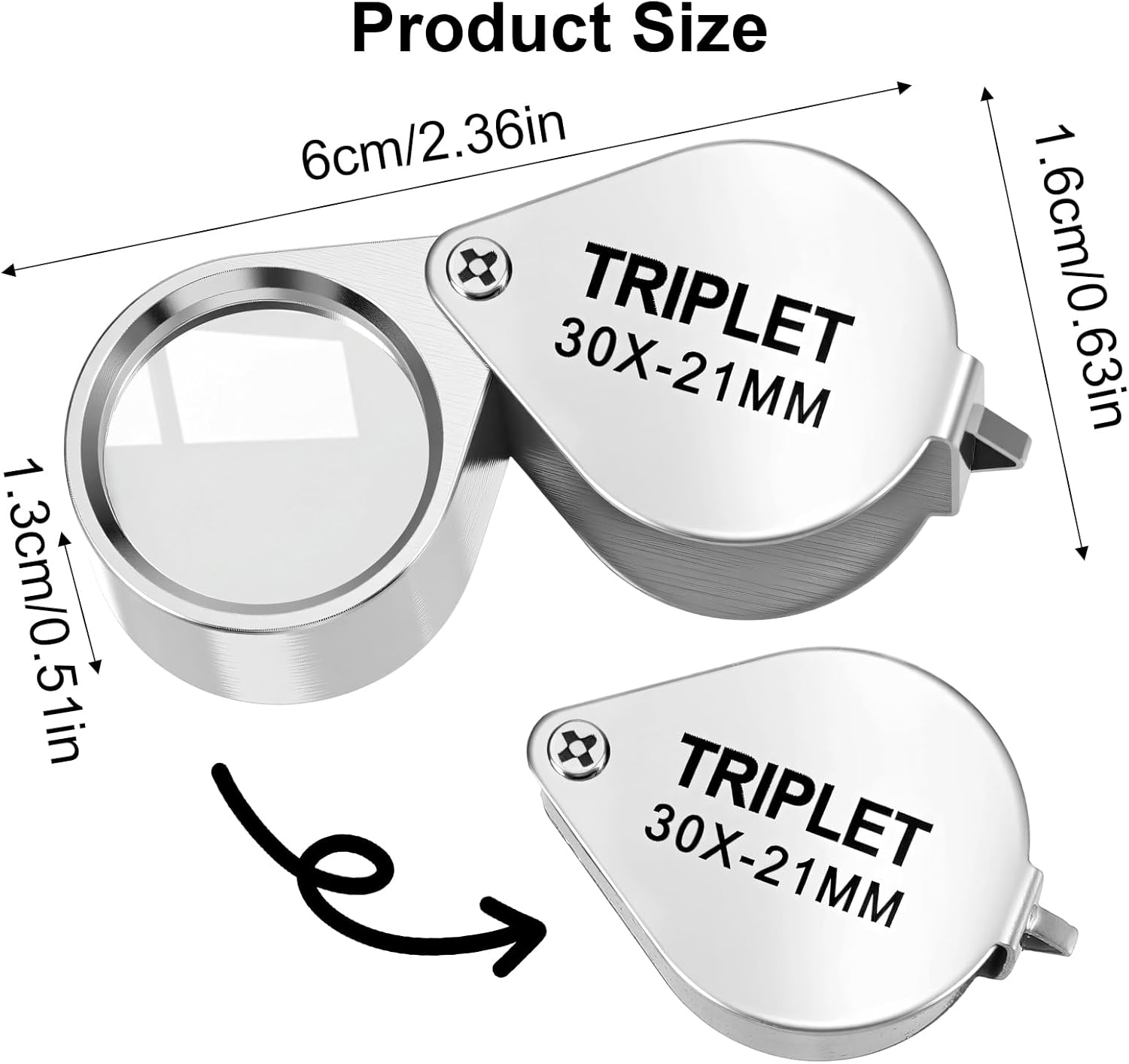 Xindojuz 2 PCS Jewelers Loop Magnifier, Pocket Foldable 30X 21mm Jewelry Eye Small Magnifying Glass Jewelers loupe Magnifier Set for Gems Diamonds Plants Coins Stamps Antiques and More Silver