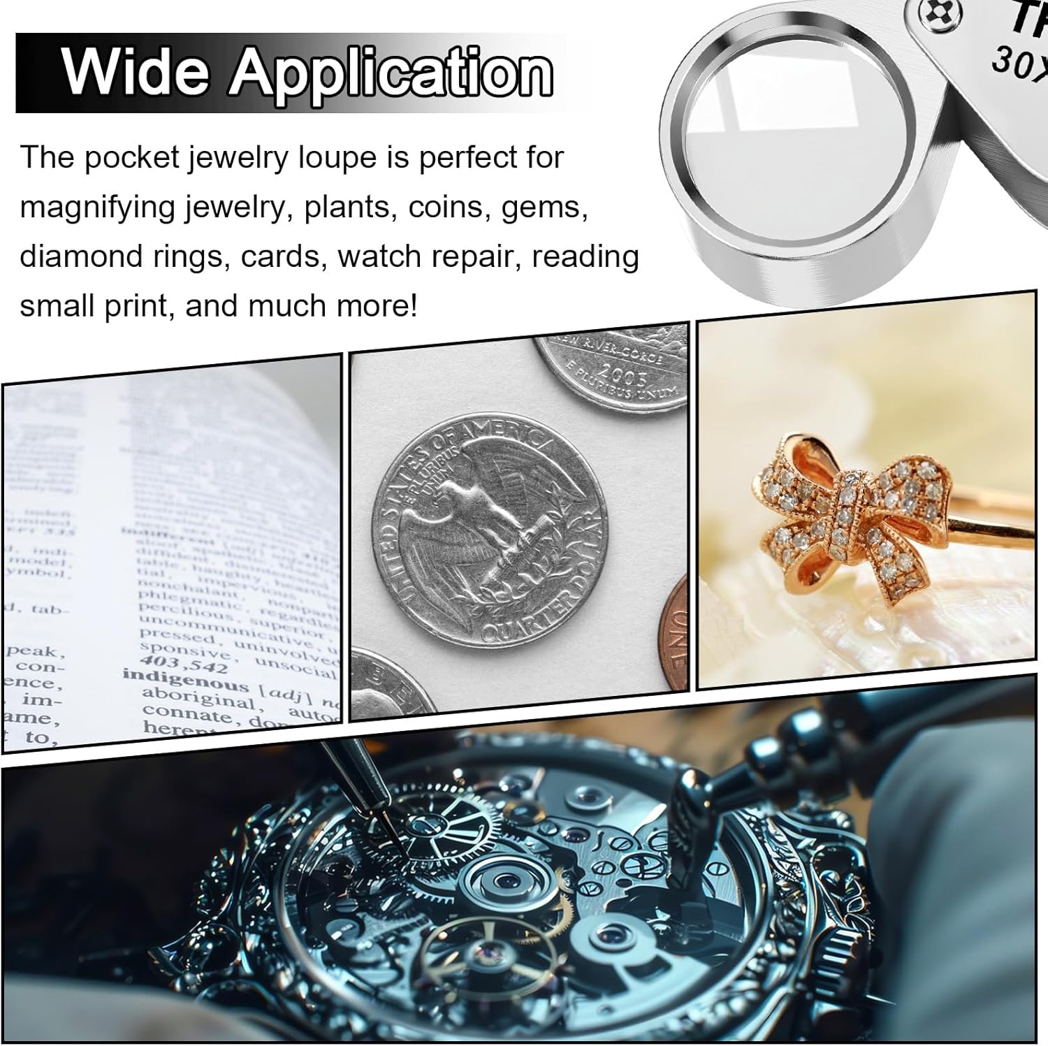 Xindojuz 2 PCS Jewelers Loop Magnifier, Pocket Foldable 30X 21mm Jewelry Eye Small Magnifying Glass Jewelers loupe Magnifier Set for Gems Diamonds Plants Coins Stamps Antiques and More Silver