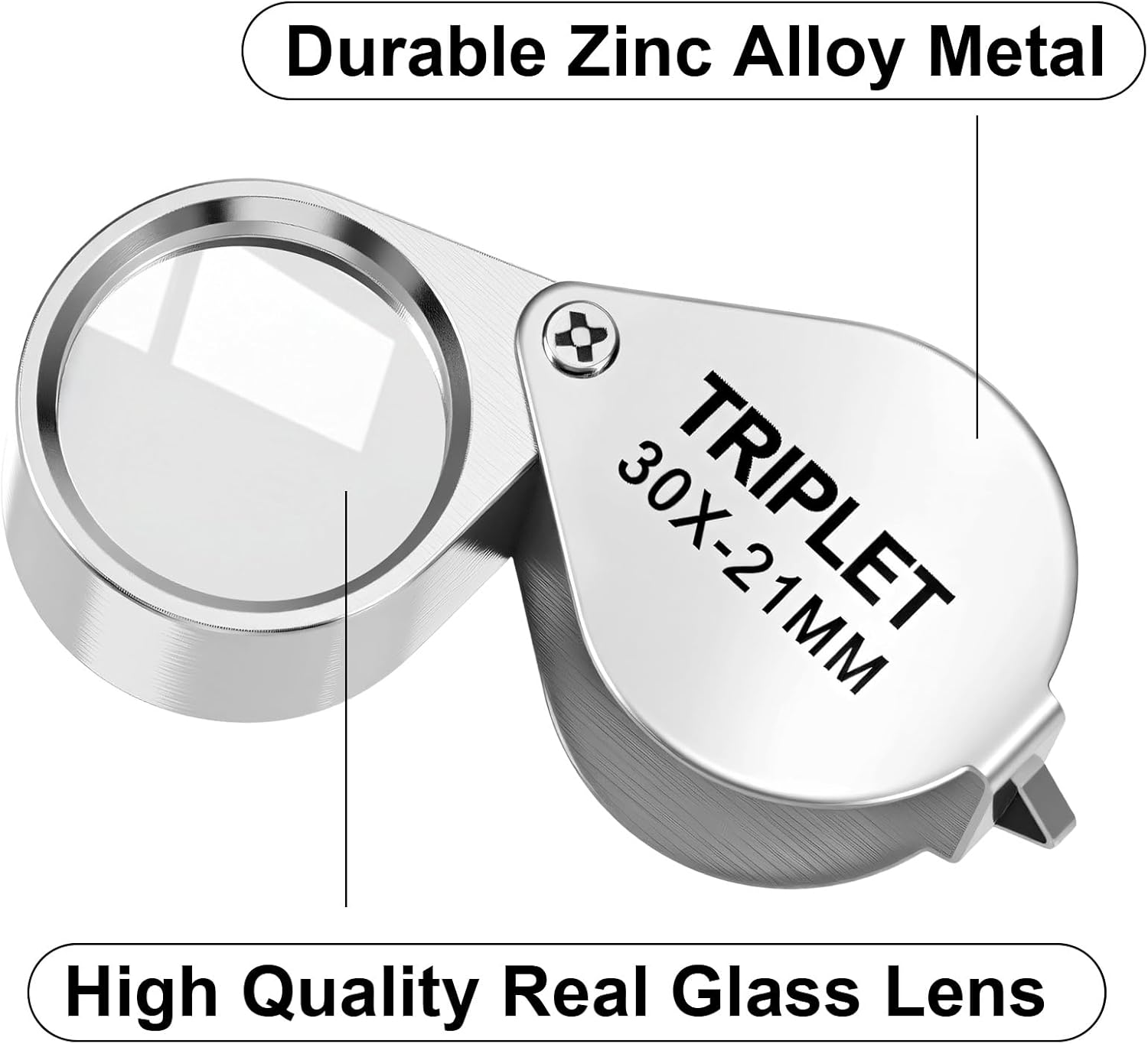 Xindojuz 2 PCS Jewelers Loop Magnifier, Pocket Foldable 30X 21mm Jewelry Eye Small Magnifying Glass Jewelers loupe Magnifier Set for Gems Diamonds Plants Coins Stamps Antiques and More Silver