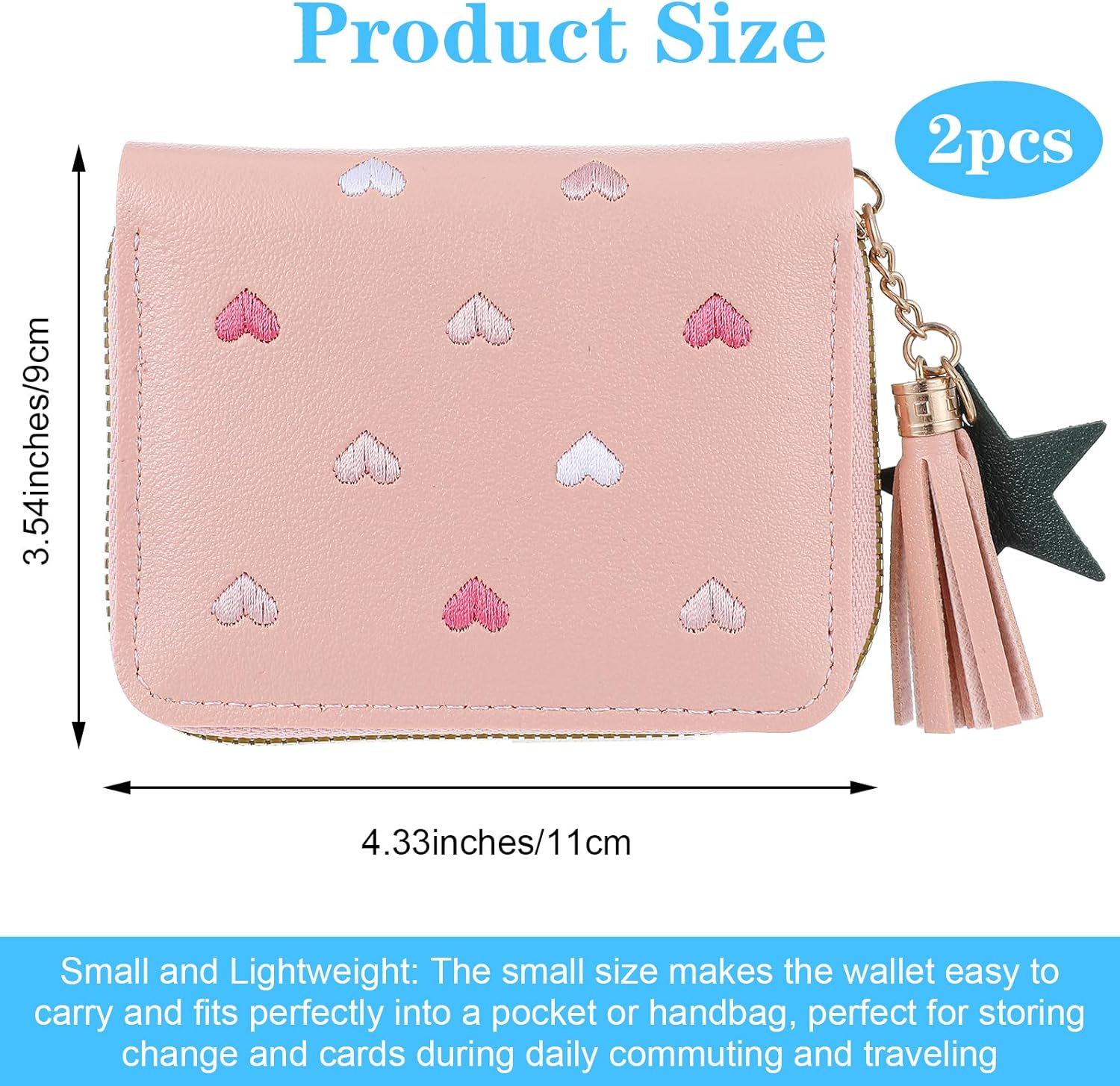 2 PCS Wallets for Girls, Small PU Leather Girls Wallets for Kids 6-8 with Zipper and Card Slots, Cute Credit Card Holder with Heart-embroidery Star Tassels Pendant for Kids Women Blue, Pink