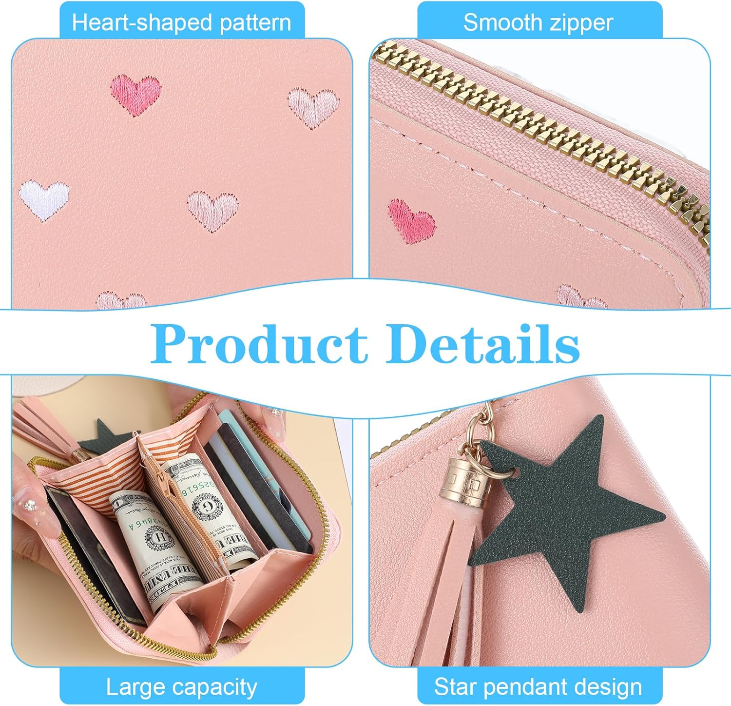 2 PCS Wallets for Girls, Small PU Leather Girls Wallets for Kids 6-8 with Zipper and Card Slots, Cute Credit Card Holder with Heart-embroidery Star Tassels Pendant for Kids Women Blue, Pink