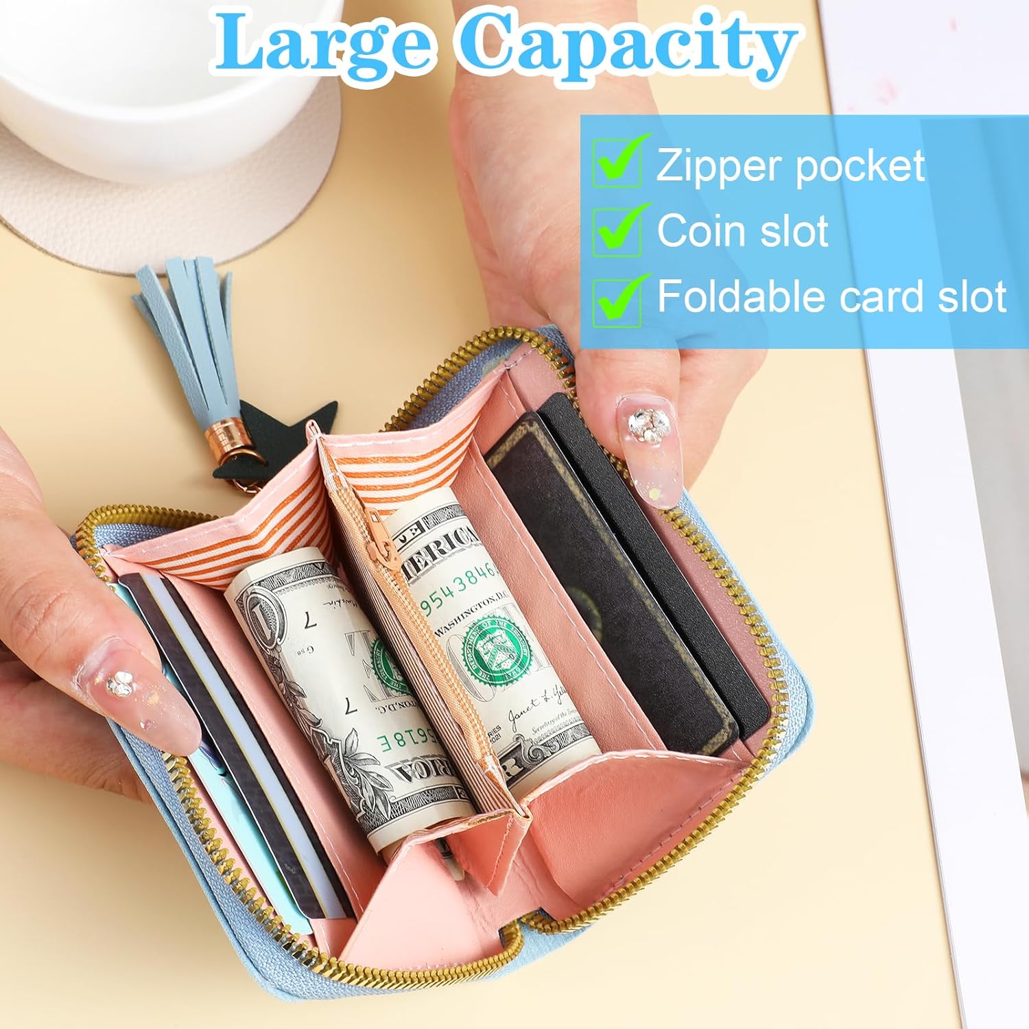 2 PCS Wallets for Girls, Small PU Leather Girls Wallets for Kids 6-8 with Zipper and Card Slots, Cute Credit Card Holder with Heart-embroidery Star Tassels Pendant for Kids Women Blue, Pink