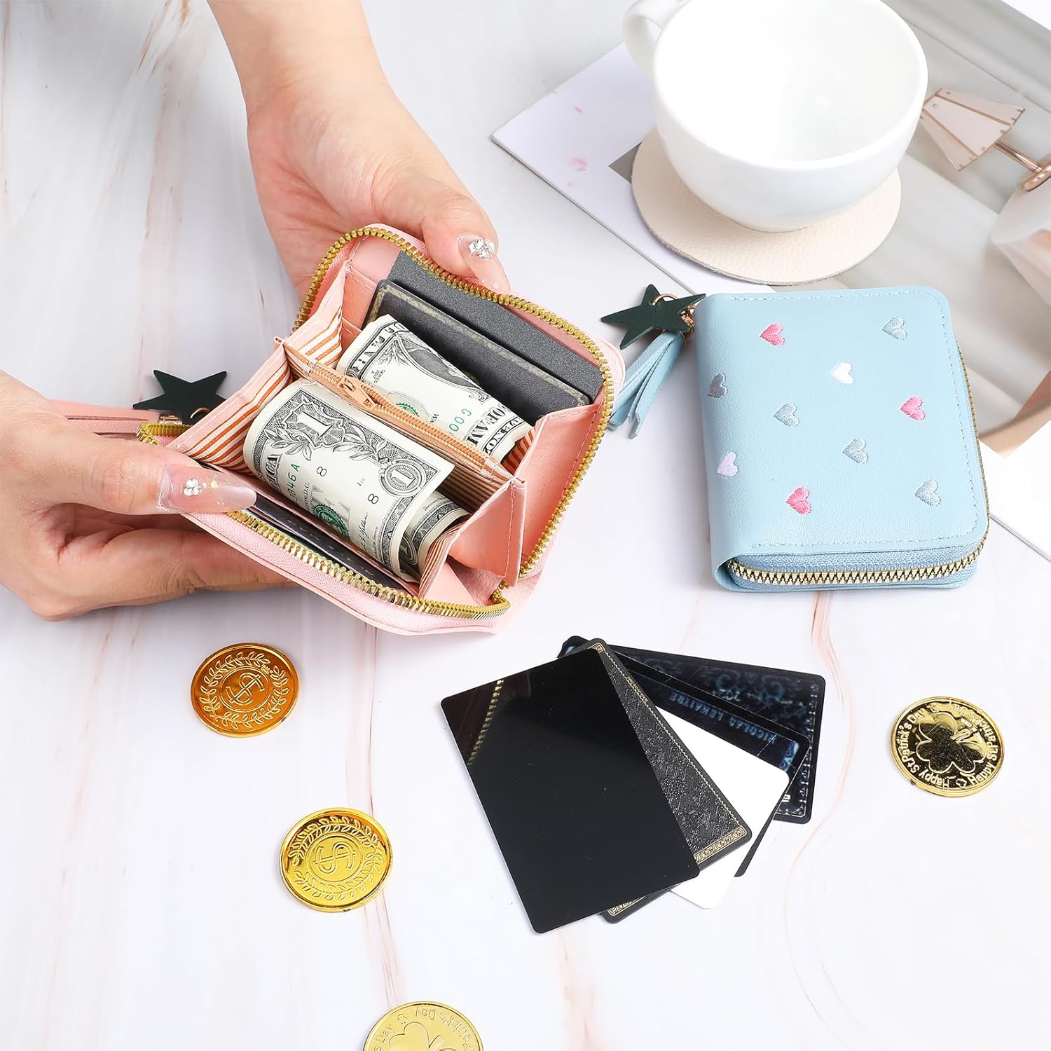 2 PCS Wallets for Girls, Small PU Leather Girls Wallets for Kids 6-8 with Zipper and Card Slots, Cute Credit Card Holder with Heart-embroidery Star Tassels Pendant for Kids Women Blue, Pink