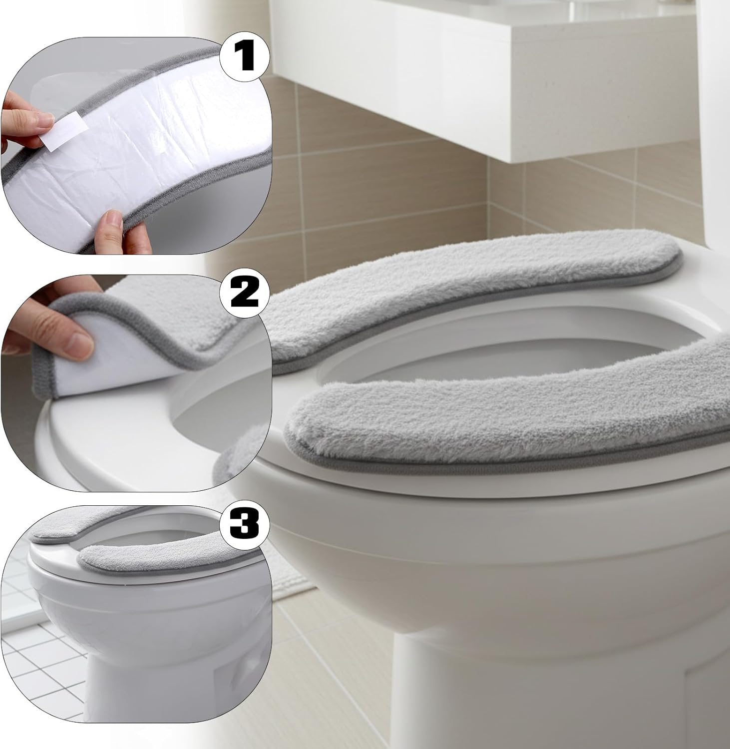 2 PCS Thick and Elastic Toilet Seat Cushion Cover, Washable Soft Padded Toilet Seat Elongated, Easy Install with Double-Sided Hook and Loop Fastener, Seats Mat Cushions for Elderly, Seniors Gray
